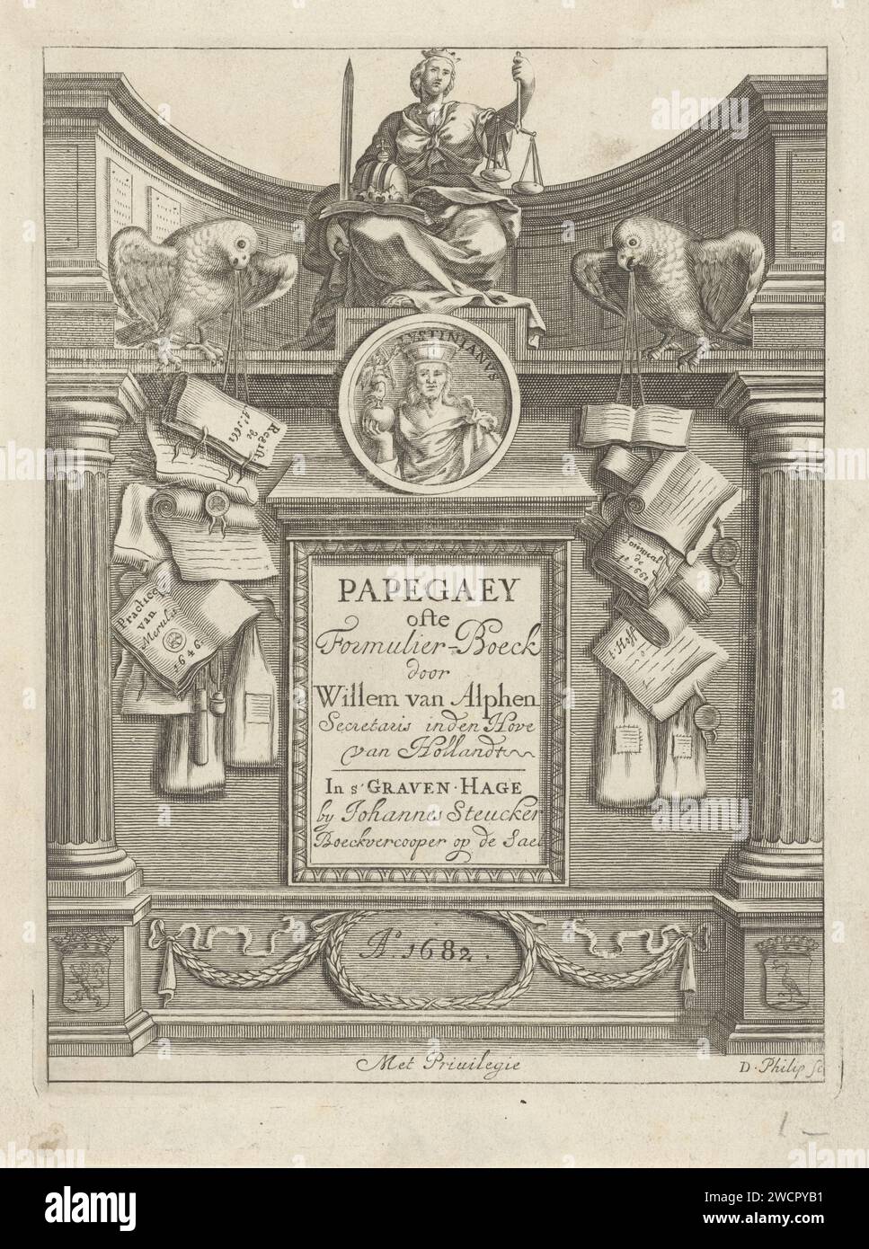 Justice affiancata da due pappagalli, David Philippe, 1682 stampa Justice su un sedile in una nicchia architettonica, fiancheggiata da due pappagalli con una corda nel loro becco su cui tutti i tipi di libri. Sotto la sede il ritratto dell'imperatore Giustiniano. Nel contesto del titolo e dell'imprusum in olandese. L'Aia carta incisione uccelli ornamentali: Pappagallo. Giustizia, "Justitia"; "Giustitia divina" (Ripa) ~ una delle quattro virtù cardinali Foto Stock