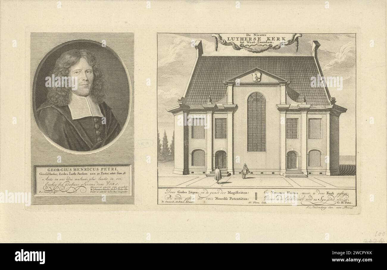 Ritratto di Georg Henri Petri e veduta della chiesa luterana di Zaandam, Pieter van Gunst, dopo D. Emmerik, 1699 - 1731 stampa a sinistra: Georg Henri Petri, pastore luterano a Zaandam. Didascalia latina sotto il ritratto. A destra: La chiesa luterana di Zaandam, costruita nel 1699. Con la poesia olandese di accompagnamento. Incisione/incisione della chiesa luterana di Amsterdam Foto Stock