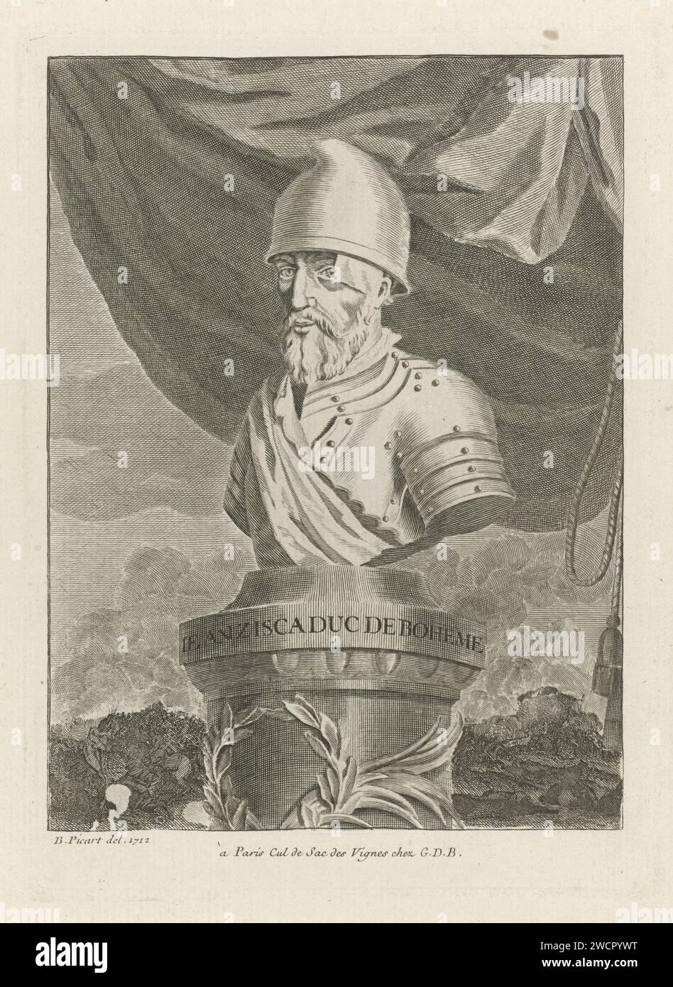 Buste van Jan Zizka, duca van Bohemen, anonimo, dopo Bernard Picart, 1712 - 1762 stampa Buste van Jan Žižka Z Trocnova a Kalicha (Jan Zizka), capo degli ussiti e duca di Boemia. Una battaglia sullo sfondo. Dopo il disegno di: Amsterdampublisher: Paris paper etching / incisione Commander-in-Chief, General, Marshal. battaglia Foto Stock