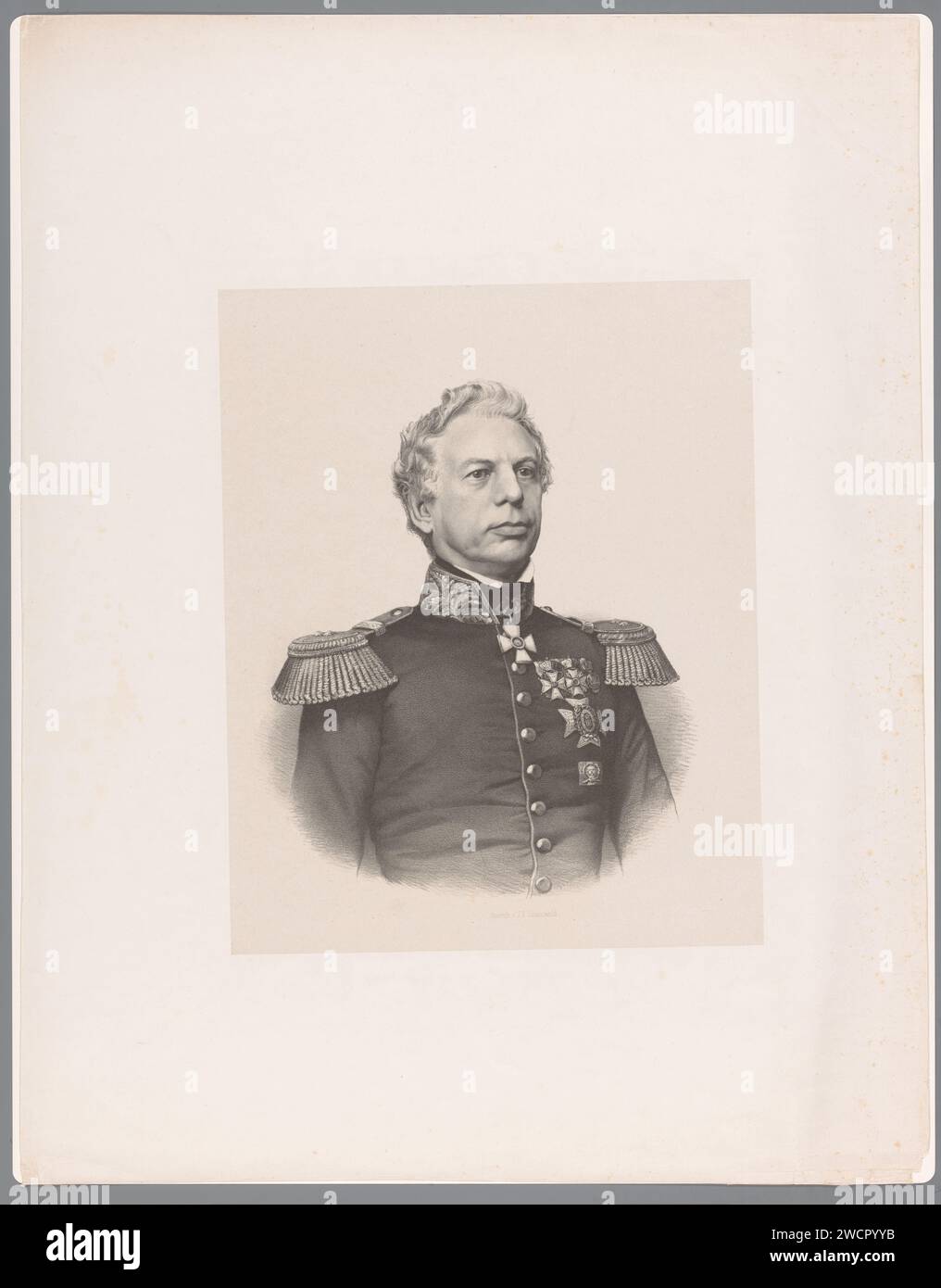 Ritratto di un generale, anonimo, Jan Dam Steuerwald, 1830 - 1863 stampa Ritratto di un generale con croce di cavaliere e medaglia del 1830. Carta dei Paesi Bassi. anonimo personaggio storico ritratto Foto Stock