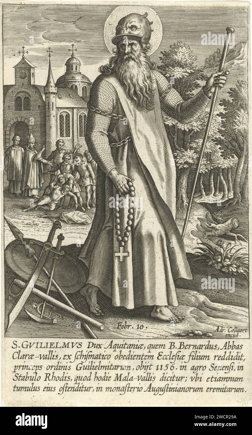 Holy Willem van Aquitania, Adriaen Collaert, 1608 stampa The Holy Willem of Aquitania. Sta indossando un'imbracatura. Sullo sfondo, si inginocchia per un ABT benedettino e viaggia con le sue armi in cambio di un'abitudine benedettina. La stampa ha una didascalia latina. La stampa fa parte di una serie con i fondatori di monasteri e ordini religiosi. Carta di Anversa che incide il monaco benedettino e duca d'Aquitania, Guglielmo (di Gellone); possibili attributi: Armatura, stendardo, elmo. Devozione personale di St. Guglielmo d'Aquitania - rinuncia ai beni mondani, vita ascetica del santo maschile Foto Stock