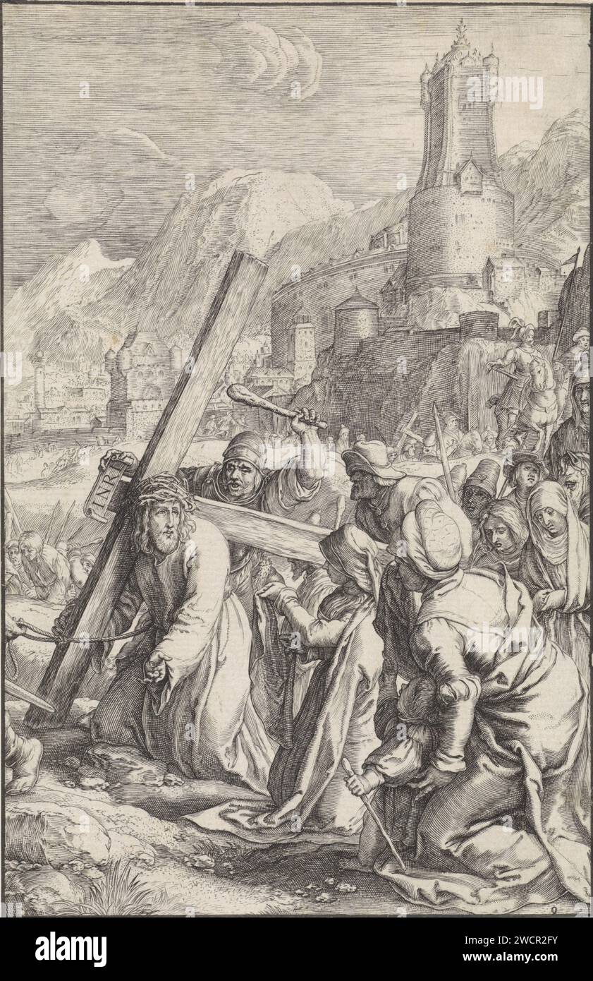KruisDraging, Louis Aerea, dopo Hendrick Goltzius, 1623 stampa Cristo porta la croce a Golgota. Veronica si inginocchia accanto a lui e gli offre una tela. Dietro di loro la processione con, tra gli altri, Maria e Giovanni. Sullo sfondo Gerusalemme. La carta di Anversa che incide Cristo incontra Veronica, che ha un panno per pulire il volto di Cristo. Portare la croce: Cristo che porta la croce, da solo o con l'aiuto degli altri (es. Simone il Cirene) Foto Stock
