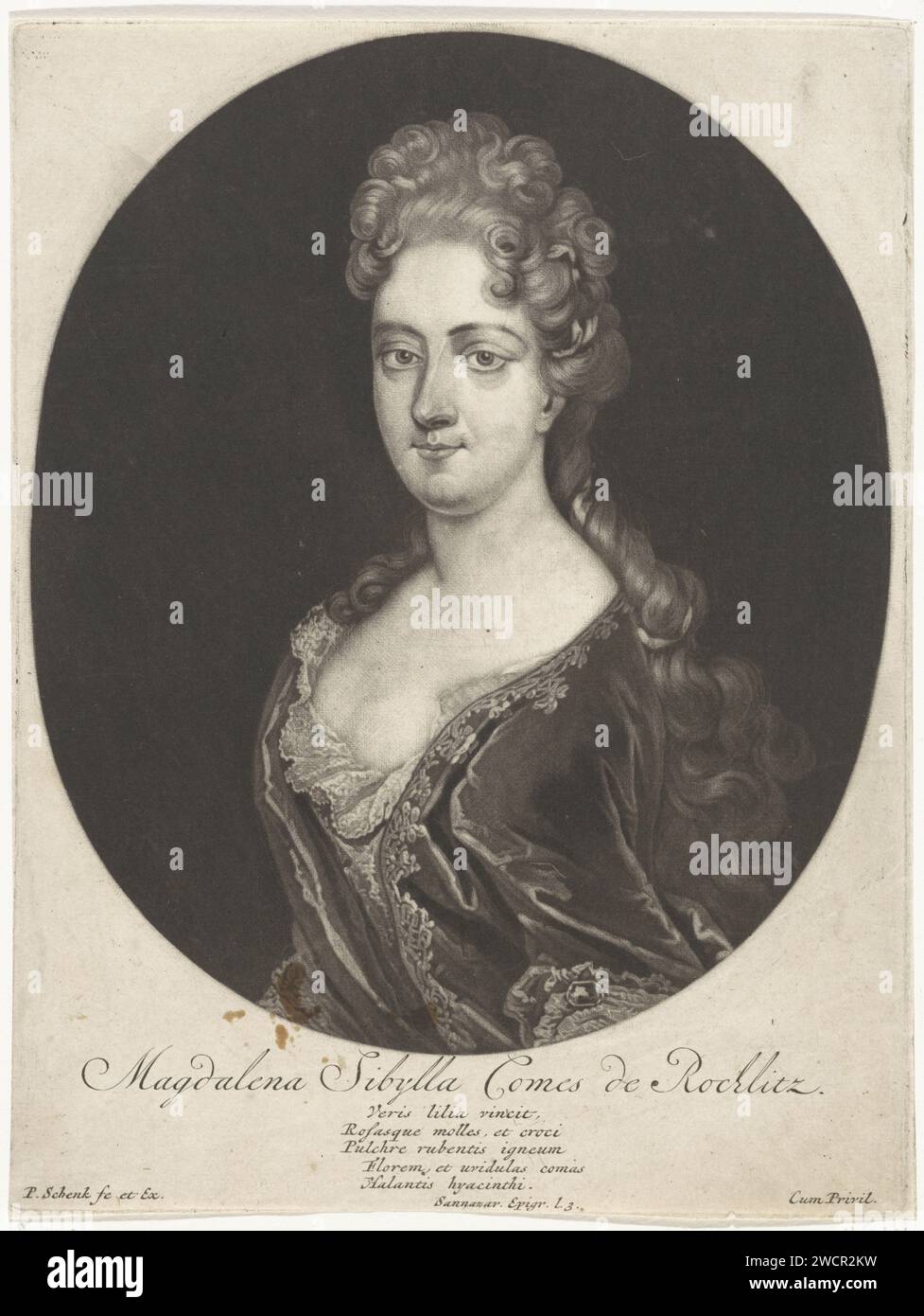 PortraT van Magdalena Sibylla di Neitschütz, Pieter Schenk (i), 1690 - 1713 stampa Magdalena Sibylla von Neitschütz, amante di Johan Georg IV Elettore di Sassonia. Amante delle incisioni di carta di Amsterdam Foto Stock