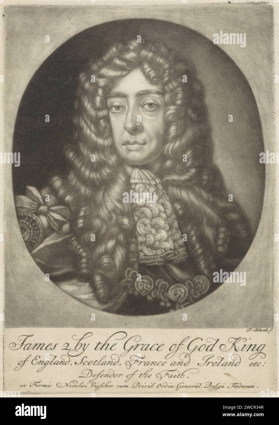 Ritratto di Jacobus II, re d'Inghilterra, Pieter Schenk (i), 1670 - 1713 stampa Jacobus II Stuart, re d'Inghilterra e Jacobus VII, re di Scozia. Parrucca per incisione in carta Amsterdam Foto Stock