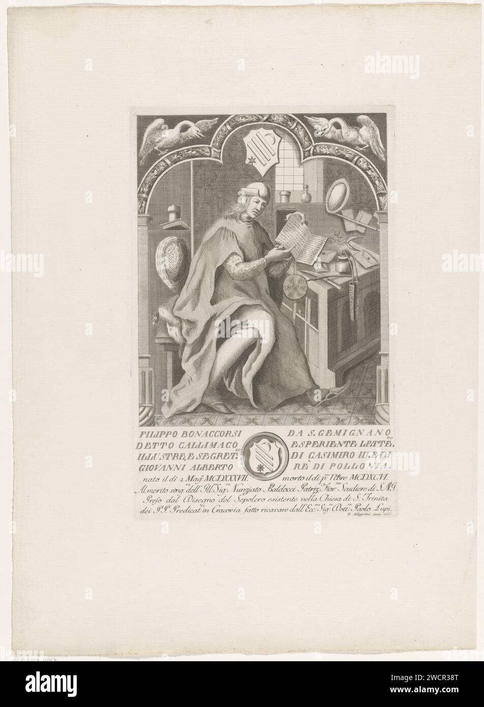 Portret Van Filippo Buonaccorsi, Francesco Allegrini, 1765 stampa Ritratto di Filippo Buonaccorsi, seduto nel suo studio. Ci sono forbici, buste e un coltello sulla sua scrivania. Nel mezzo di uno stemma. Negli angoli sopra due oche. Incisione su carta di persone storiche in Italia. ritratto di uno scrittore Foto Stock