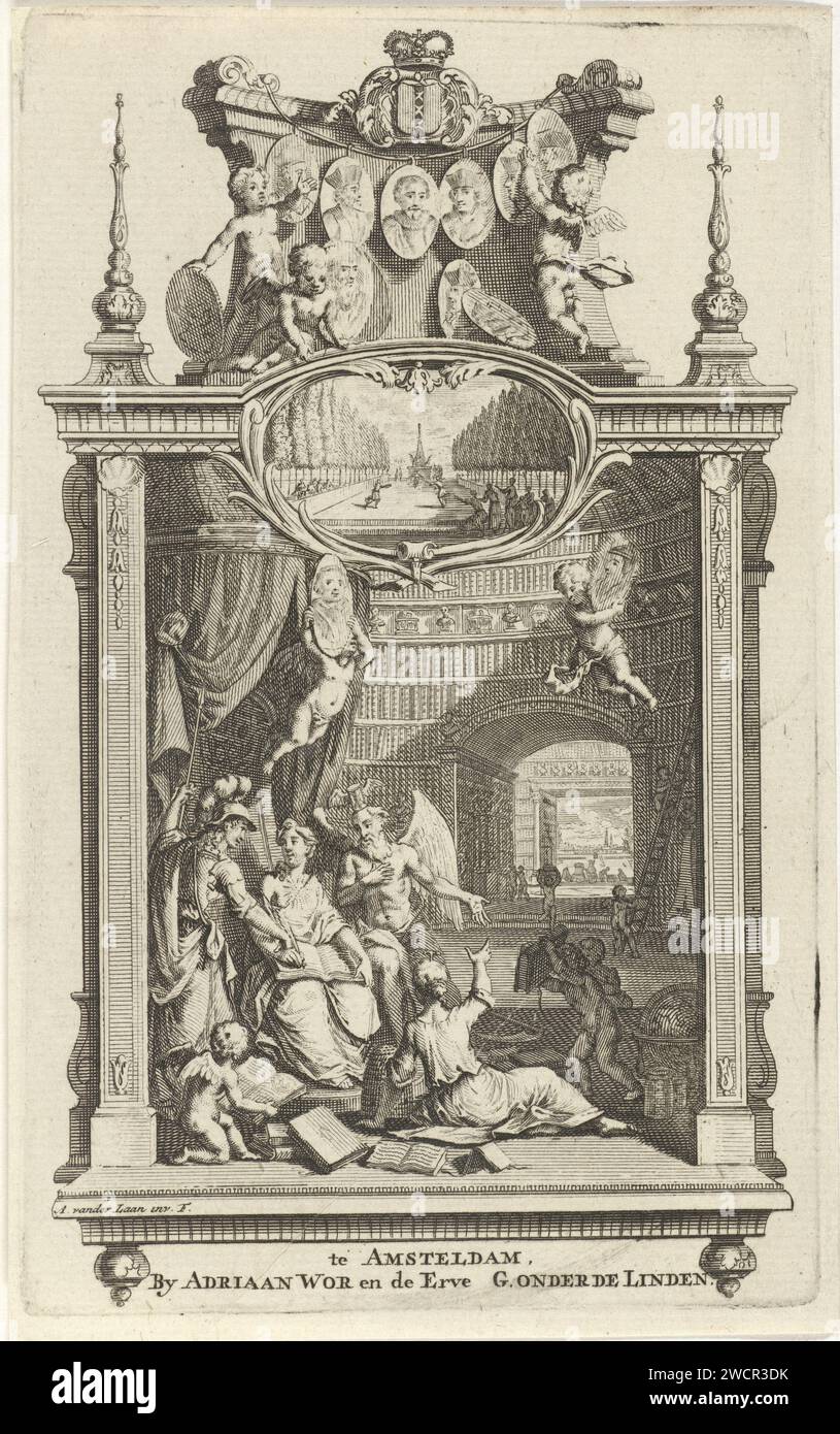 Scrivendo arte in una biblioteca, Adolf van der Laan, 1740 opere d'arte di scrittura stampate, affiancate da padre Tijd e Minerva, è in una biblioteca con un libro aperto in grembo e una molla di scrittura in mano. Ai suoi piedi c'è una figura allegorica, vista sul retro. I putti giocano con i libri e indossano due ritratti ovali in aria. Lo spettacolo è catturato in una cornice architettonica con un cartiglio, completamente adornato in cima con l'arma coronata della città di Amsterdam, tra cui Putti, appeso a vari medaglioni di ritratti. Amsterdam paper etching personification of (ART) academy; 'Academia' (Ripa) (+ Writing). studio; 'studi Foto Stock