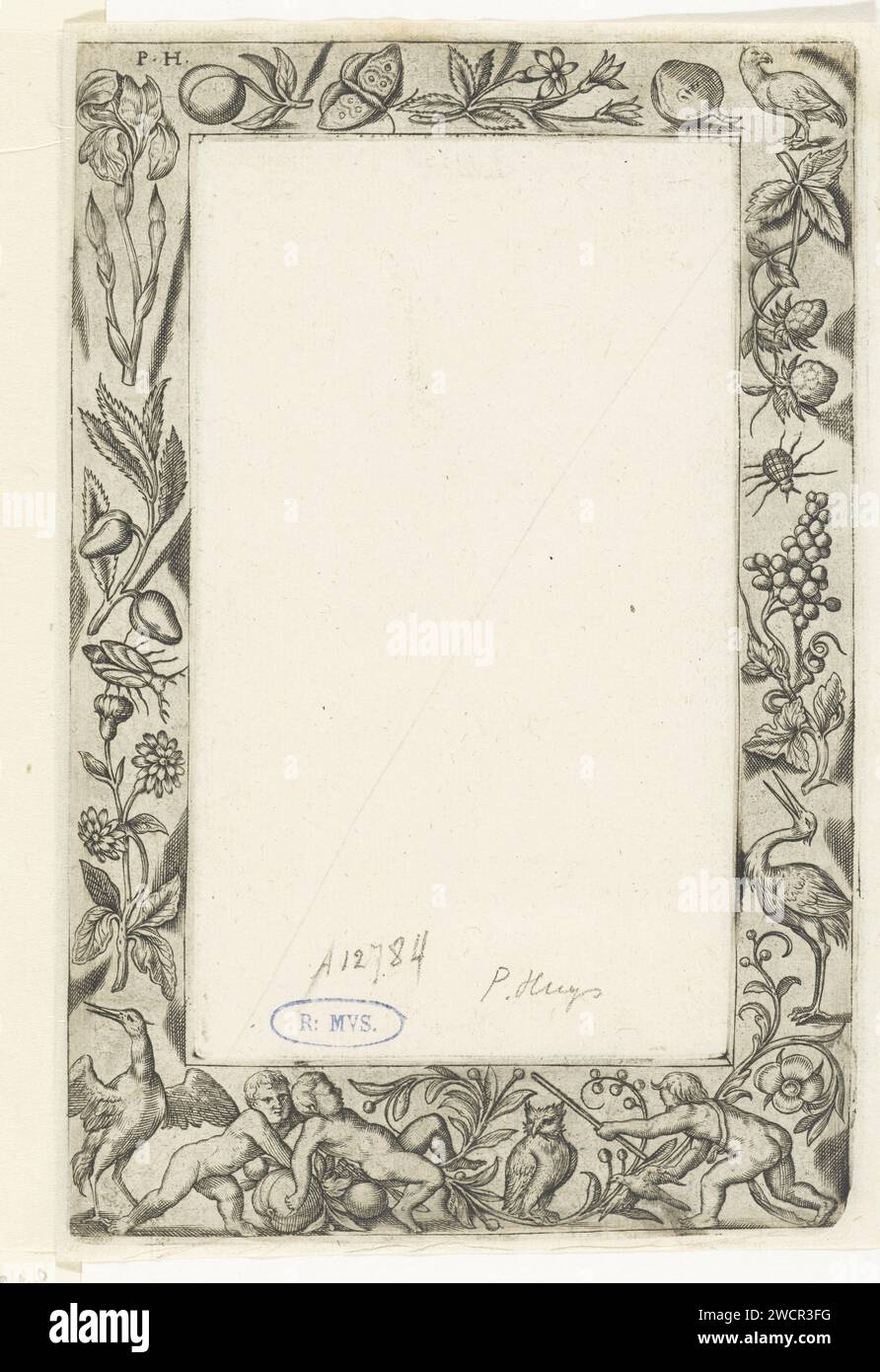 Cornice con bambini che giocano in basso, 1545 - prima della stampa del 1550 il bambino destro tiene un bastone in una mano e un uccello nell'altra. Tra i bambini c'è un gufo. Uno dei 6 fogli, stampato su entrambi i lati, con otto cornici diverse intorno a un campo centrale non stampato. Incisione della carta nei Paesi Bassi (possibilmente) Foto Stock