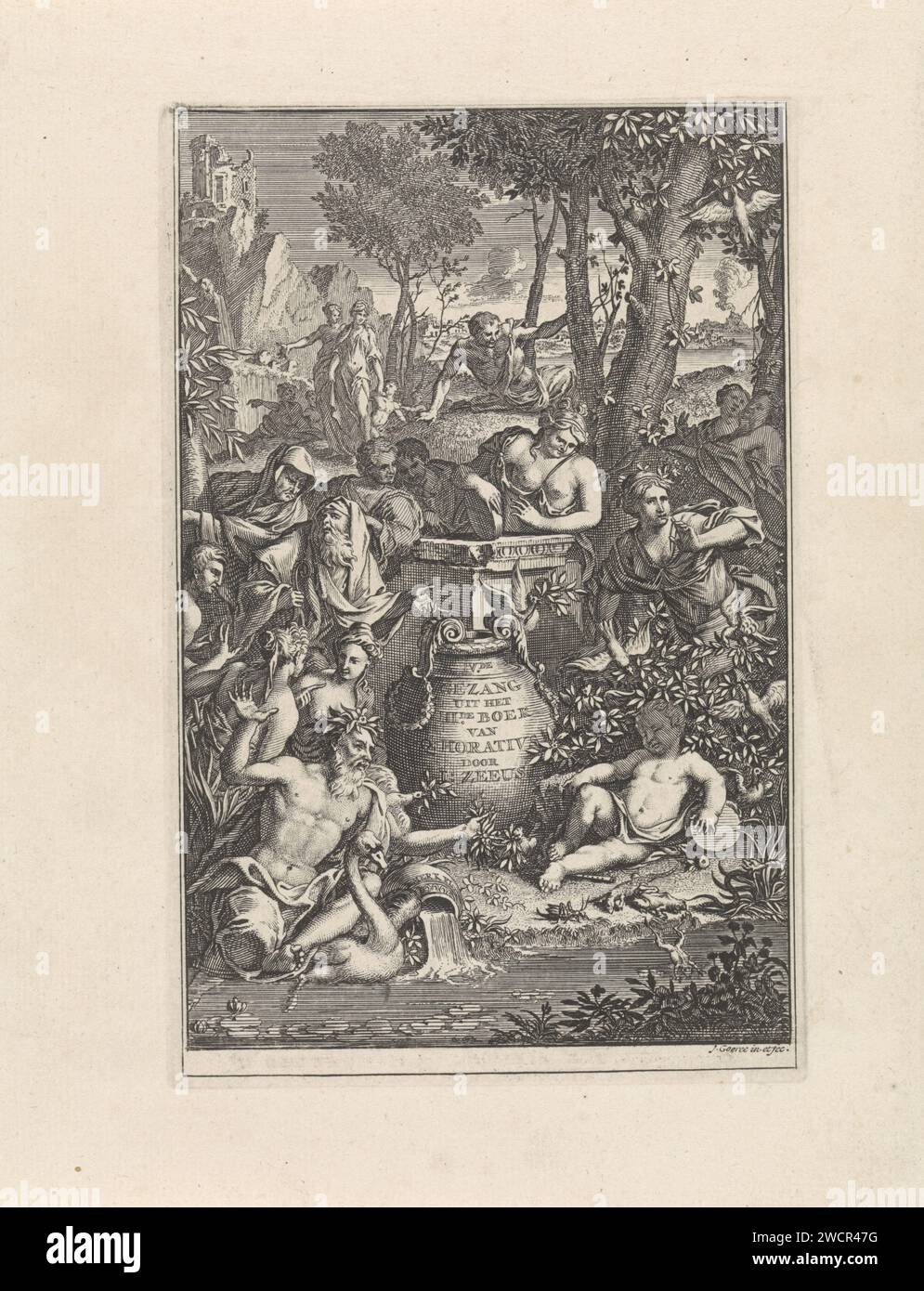 Figure mitologiche in un paesaggio, Jan Goeree, 1712 stampano Una collezione di figure mitologiche in un paesaggio con rovine. Su una brocca in primo piano il titolo del libro. Amsterdam carta incisione dei  mitologia classica. ninfe (in generale); 'Ninfe in commune' (Ripa). cupidi: 'amores', 'amoretti', 'putti'. paesaggio con rovine (+ città (-paesaggio) con figure, personale). contenitore di ceramica: vaso, caraffa, vaso, vaso Foto Stock