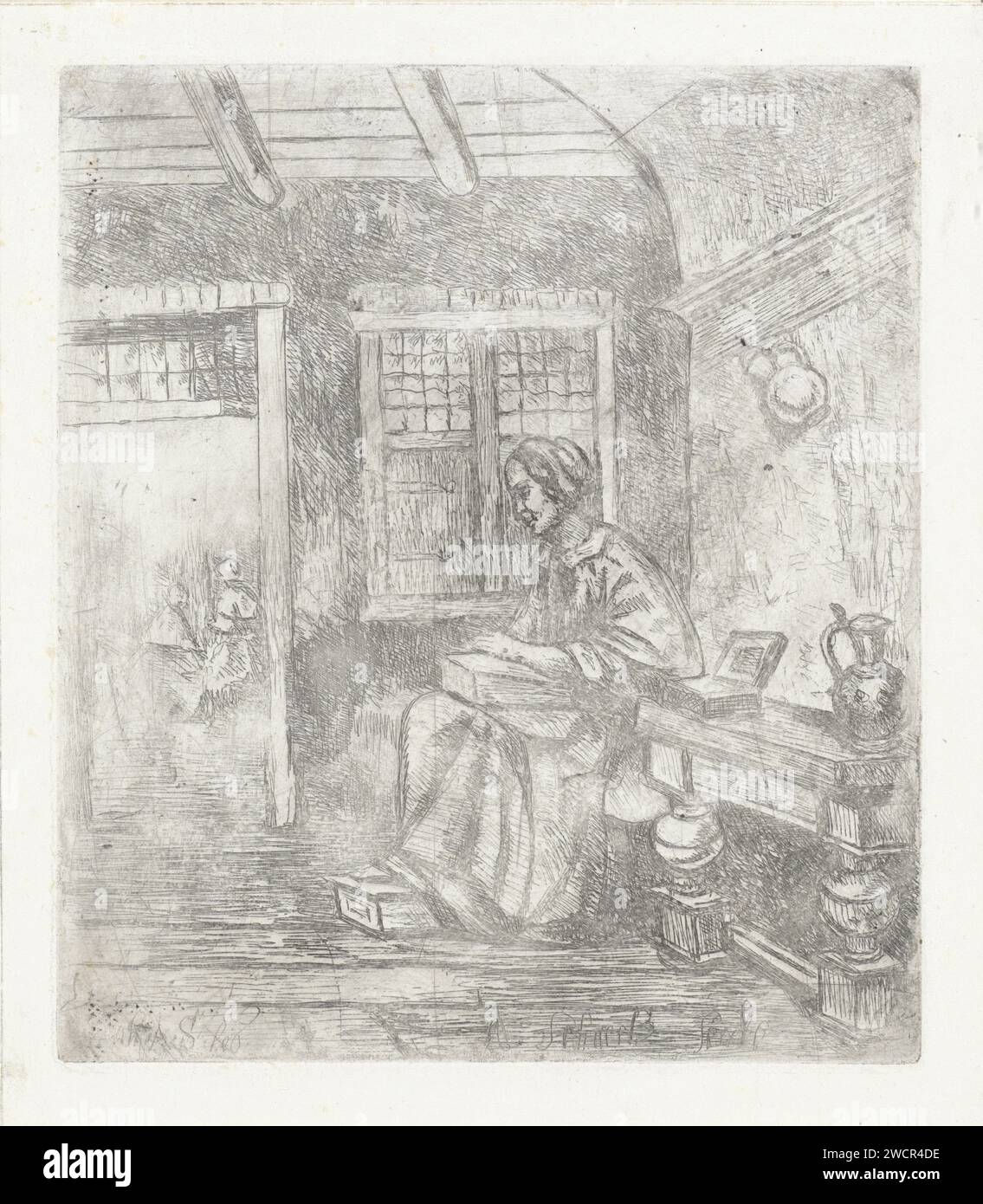 Lavoratore secondario, A. Schaub, dopo Johannes Adrianus Schultz, 1830 - 1863 stampa in un interno, una donna si sta occupando. Si siede con i piedi su uno stufato. Un tavolo accanto a lei. Figura seduta con incisione di carta - AA - figura umana femminile Foto Stock