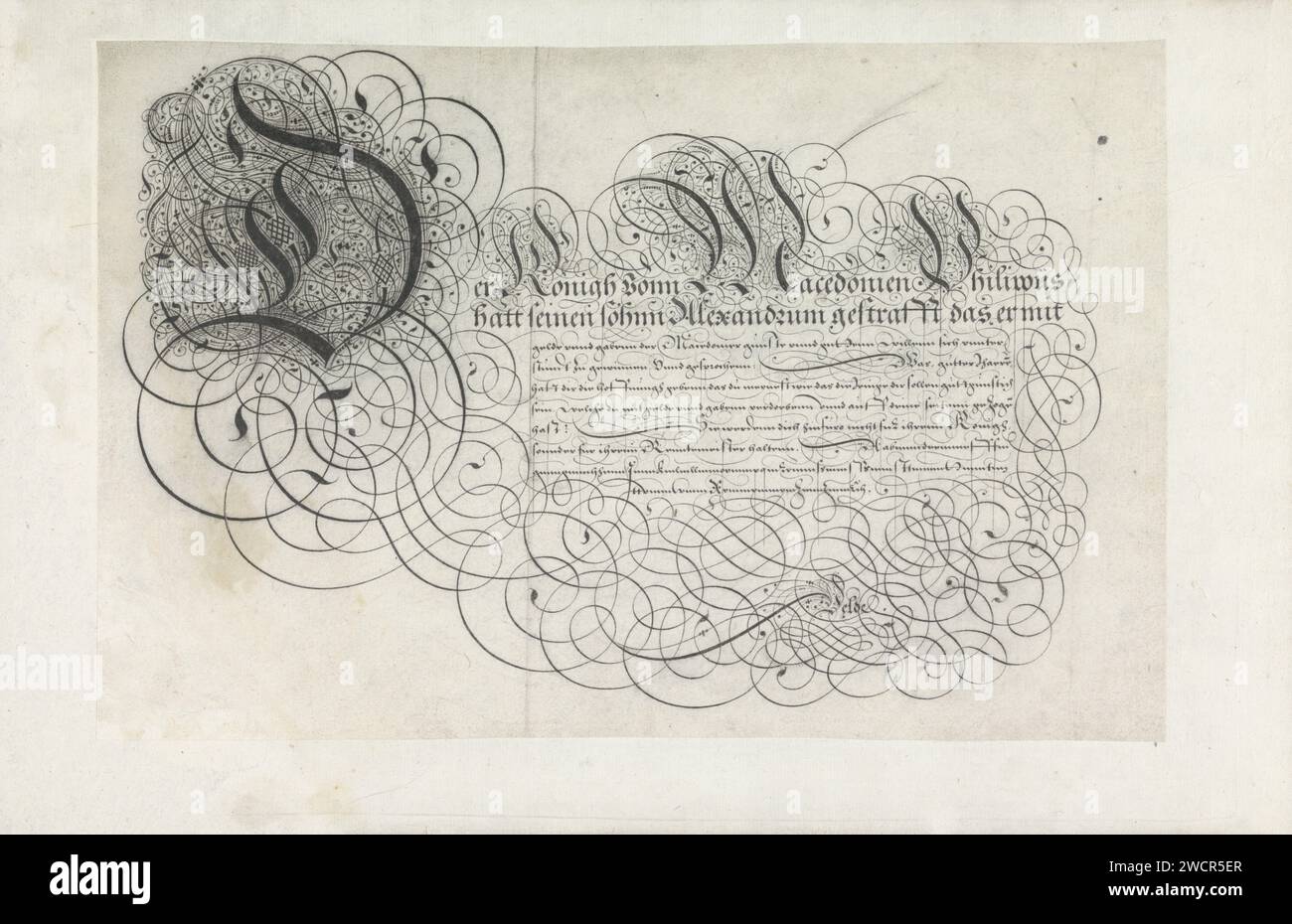 Disegno di una scrittura esempio: Der Konigh Vonn Macedonien (...), 1605 disegno calligrafico con iniziali ornamentali D, K, M e P e dieci righe testo in tedesco: Der Konigh Vonn Macedonien ... Il testo è incorniciato da arricciatura. Il disegno fa parte di un album. Giornale di Rotterdam. penna a inchiostro/calligrafia calligrafica Foto Stock
