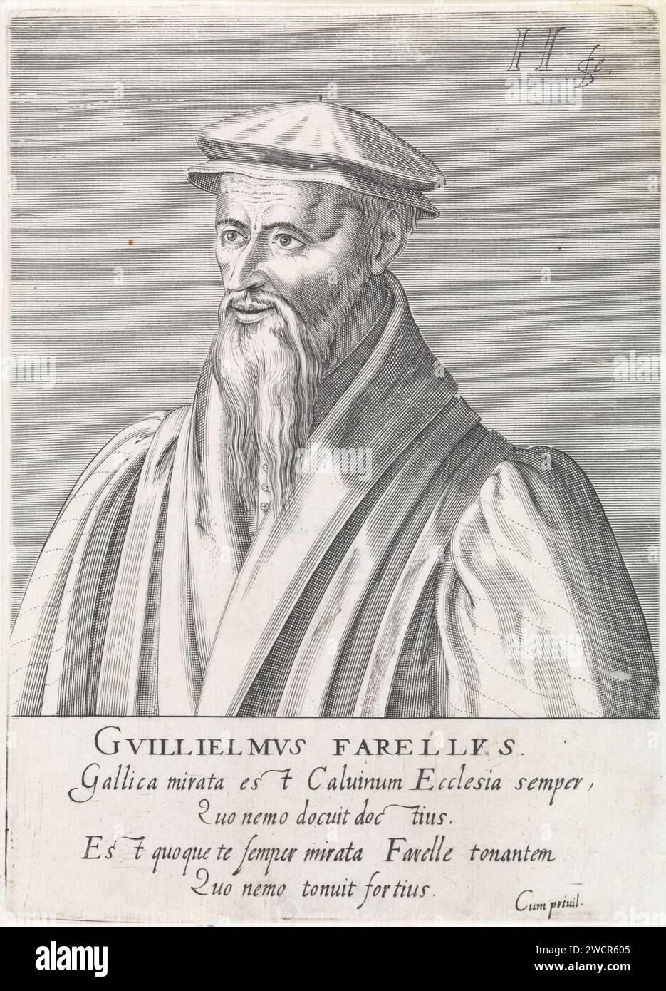 Ritratto di Guilliaume Farel, Hendrick Hondius (i), 1599 stampa Busto a sinistra di Guilliaume Farel. Sotto il ritratto ci sono il nome e quattro regole in latino. Stampa da (parte 1) i ritratti della serie di famosi riformatori. Incisione su carta dell'Aia Foto Stock