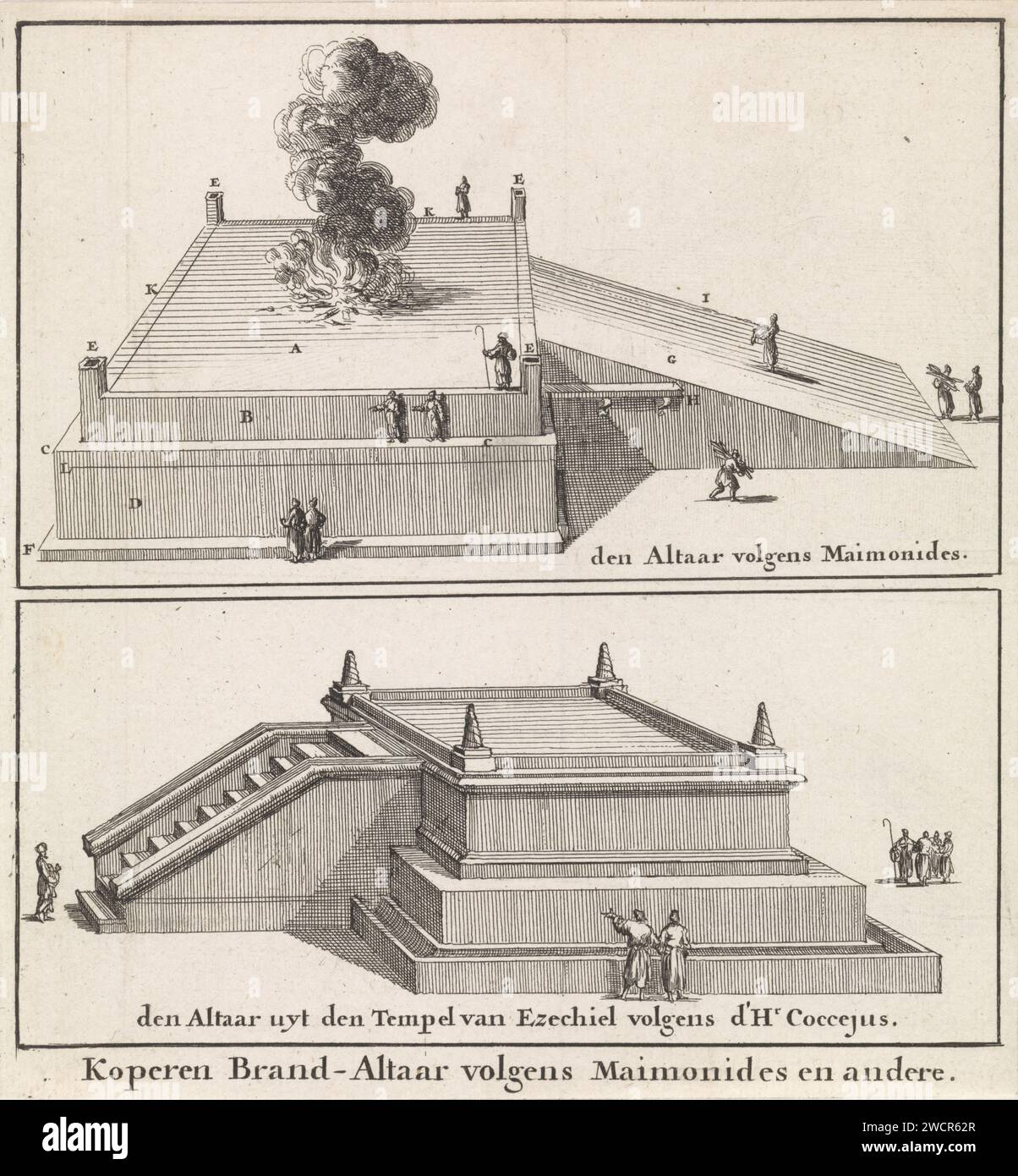 Altare in rame, Jan Luyken, stampa del 1683 su carta di Amsterdam che incide l'altare dell'olocausto, l'altare di bronzo  religione ebraica Foto Stock