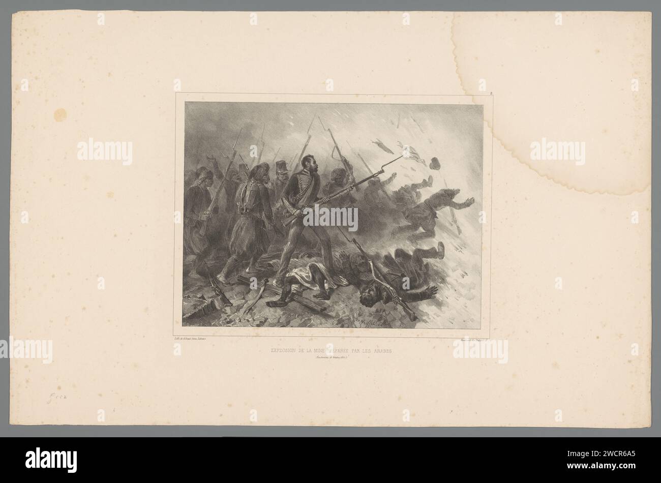 I soldati francesi sono colpiti da una mina esplosiva, 13 ottobre 1837, Denis Auguste Marie Raffet, 1838 stampa carta di Parigi. il soldato, la vita del soldato. armi da fuoco: fucile. (militare) attacco. Proiettili, esplosivi, ecc.: Miniera Constantine Foto Stock