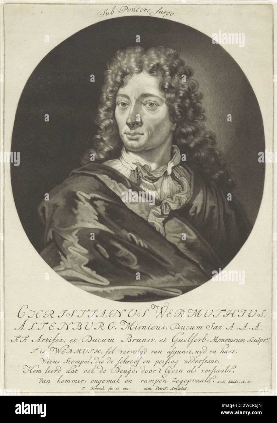 Ritratto del medailleur Christian Wermuth, Pieter Schenk (i), 1670 - 1713 stampa Amsterdam carta incisione parrucca Foto Stock