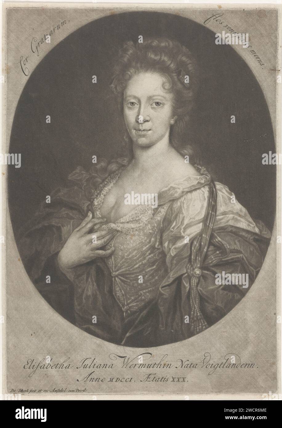 Ritratto di Elisabeth Juliana Wermuth, Pieter Schenk (i), 1701 stampa Elisabeth Juliana Wermuth all'età di 30 anni. Moglie del medaglista Christian Wermuth. Incisione su carta di Amsterdam Foto Stock