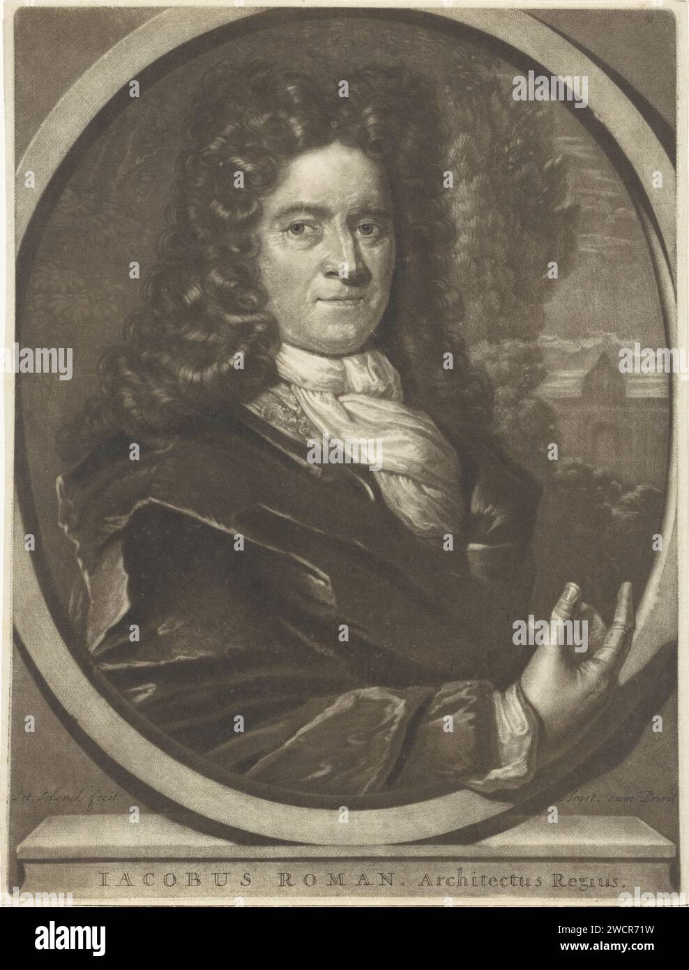 Ritratto di Jacob Pietersz. Roman, Pieter Schenk (i), 1670 - 1713 stampa lo scultore e architetto Jacob Pietersz. Romanzo. Sullo sfondo un giardino e un edificio. Parrucca per incisione in carta Amsterdam. giardino Foto Stock