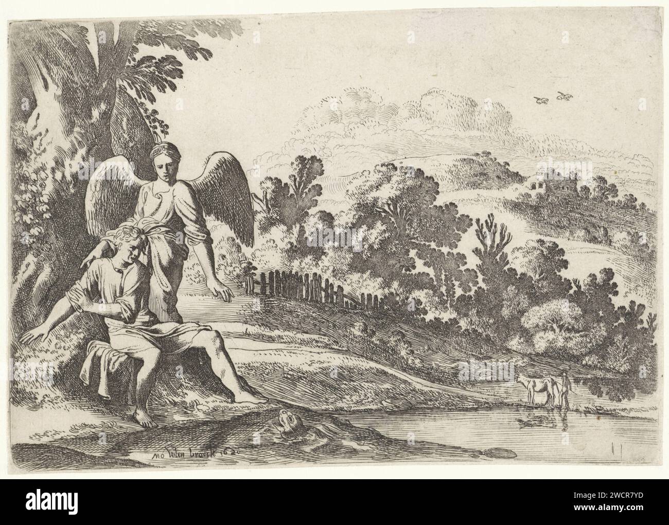 Tobias è scioccato dal pesce, Moyses van Wtenbrouck, stampa 1628 - 1649 Tobias è seduto sul lato dell'acqua e risplende quando vede il pesce nell'acqua. L'angelo è dietro di lui. Numerato come II nell'angolo inferiore destro. Tipografia: The Haguepublisher: Amsterdam (forse) incisione / incisione di carta appare un grande pesce mentre Tobias si lava i piedi; è spaventato Foto Stock