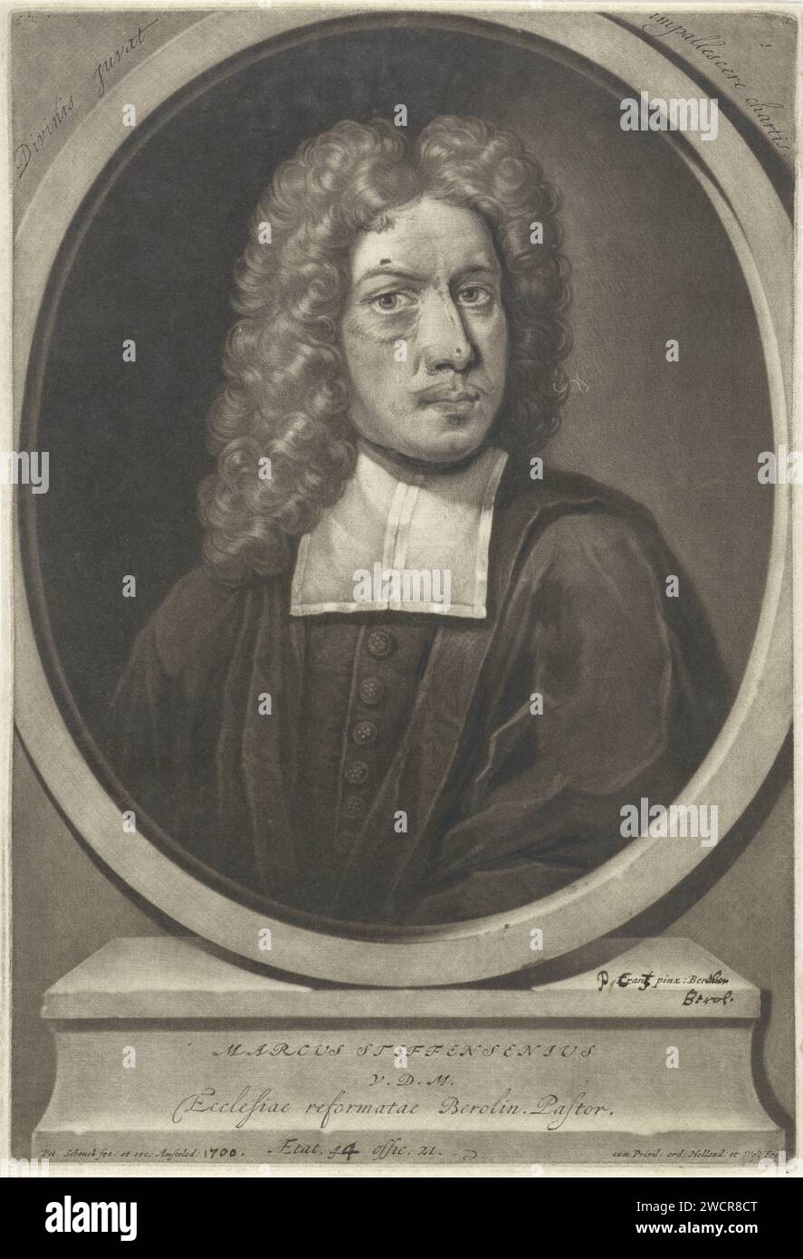 Ritratto del teologo Markus Steffensen, Pieter Schenk (i), dopo P. Krantz, 1700 stampa Amsterdam paper Engraving Theologian Foto Stock