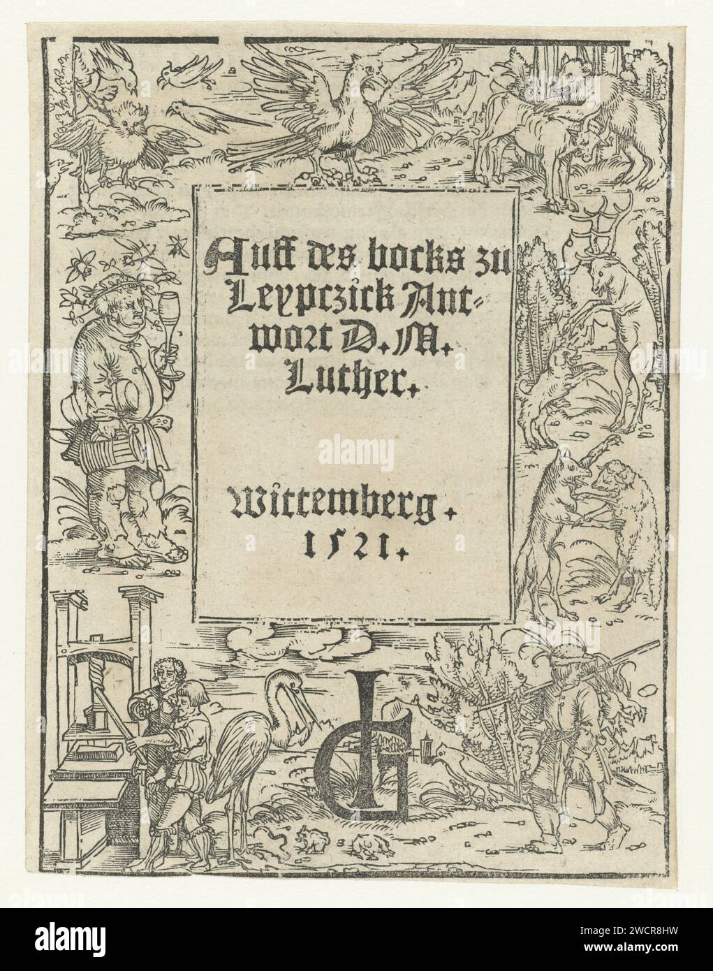 Elenco dei titoli con stampa, cacciatore, uccelli e animali, Cranach Atelier, 1521 stampa elenco dei titoli con otto piccole esibizioni intorno alla cornice rettangolare con titolo. In basso a sinistra ci sono due uomini in una stamperia, sopra di essa c'è un uomo vestito in altezza con un bicchiere da bere e una tazza da birra mentre gli insetti girano intorno alla testa. In alto a sinistra, un gufo viene attaccato da uccelli su un ramo. Al centro del titolo c'è un'aquila con uccelli diffusi. Nell'angolo in alto a destra, una capra o capra viene attaccata da un orso. A destra, in successione un cane con un cervo e un lupo con una pecora. A t Foto Stock