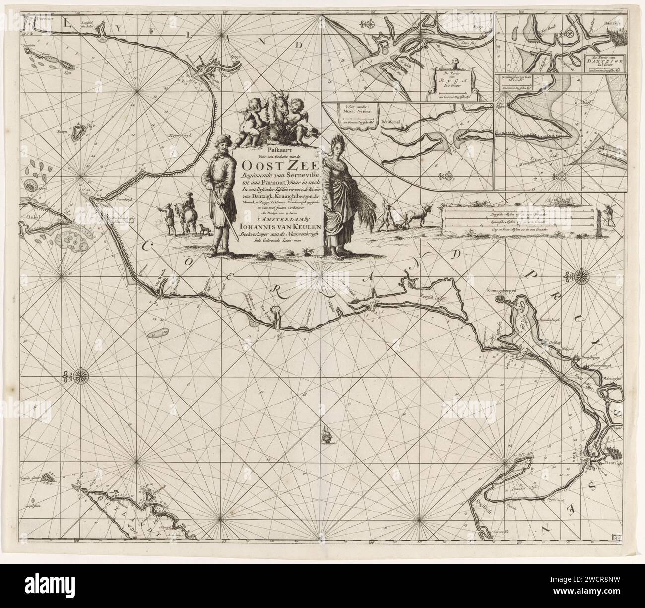 Carta di credito di una parte del Mar Baltico con le coste della Polonia e della Lettonia, Jan Luyken, 1681 - 1799 carta PAS stampata di una parte del Mar Baltico con le coste della Polonia e della Lettonia, con carte scommesse della corsa di riga, Danzica, Koningsbergen e il fiume Memel, con tre rose a bussola, il nord è sulla sinistra. Al centro un cartiglio con il titolo, l'indirizzo dell'editore e a destra la scala in tedesco, spagnolo e inglese o miglia francesi (scala: c. 1: 750,000). Il titolo è affiancato da Cerere e da un uomo con una spada. A sinistra del titolo c'è un pilota che parla di una camminata Foto Stock