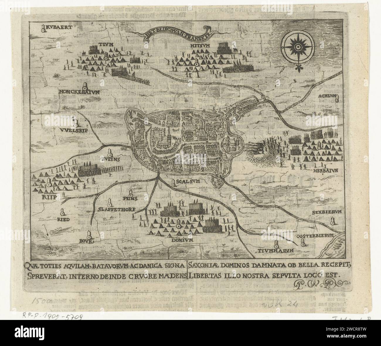 Assedio di Franeker, 1500, Pieter Feddes van Harlingen (attribuito a), 1620 - 1622 Stampa Mappa dell'assedio del Franeker occupato dalla Sassonia da 16000 frisoni guidati dal nobile frisone Avlya, Borga e altri, 12 maggio - 16 luglio 1500. Scheda con la posizione degli eserciti frisoni e i nomi latini dei villaggi circostanti. Con didascalia di due righe in latino. Testo olandese sul retro. Mappe cartacee dei Paesi Bassi settentrionali per l'incisione di mappe di paesi o regioni distinti. Assedio, posizione guerra Franeker Foto Stock