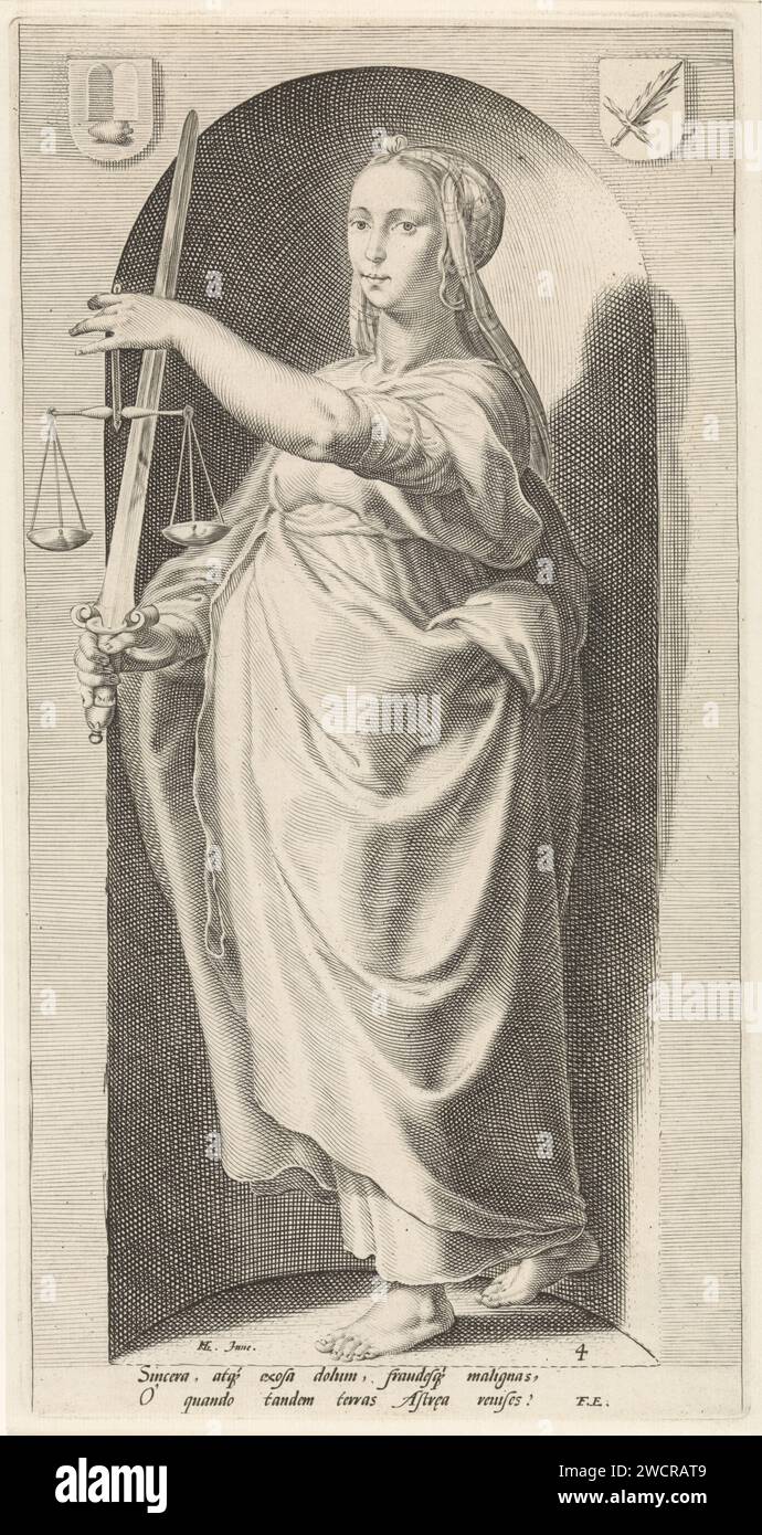 Giustizia (Justitia), Jacob Matham, dopo Hendrick Goltzius, 1593 stampa personificazione della giustizia, con scale e spada, in piedi in nicchia. Carta di Haarlem incisione giustizia, "Justitia"; "Giustitia divina" (Ripa)  una delle quattro virtù cardinali Foto Stock