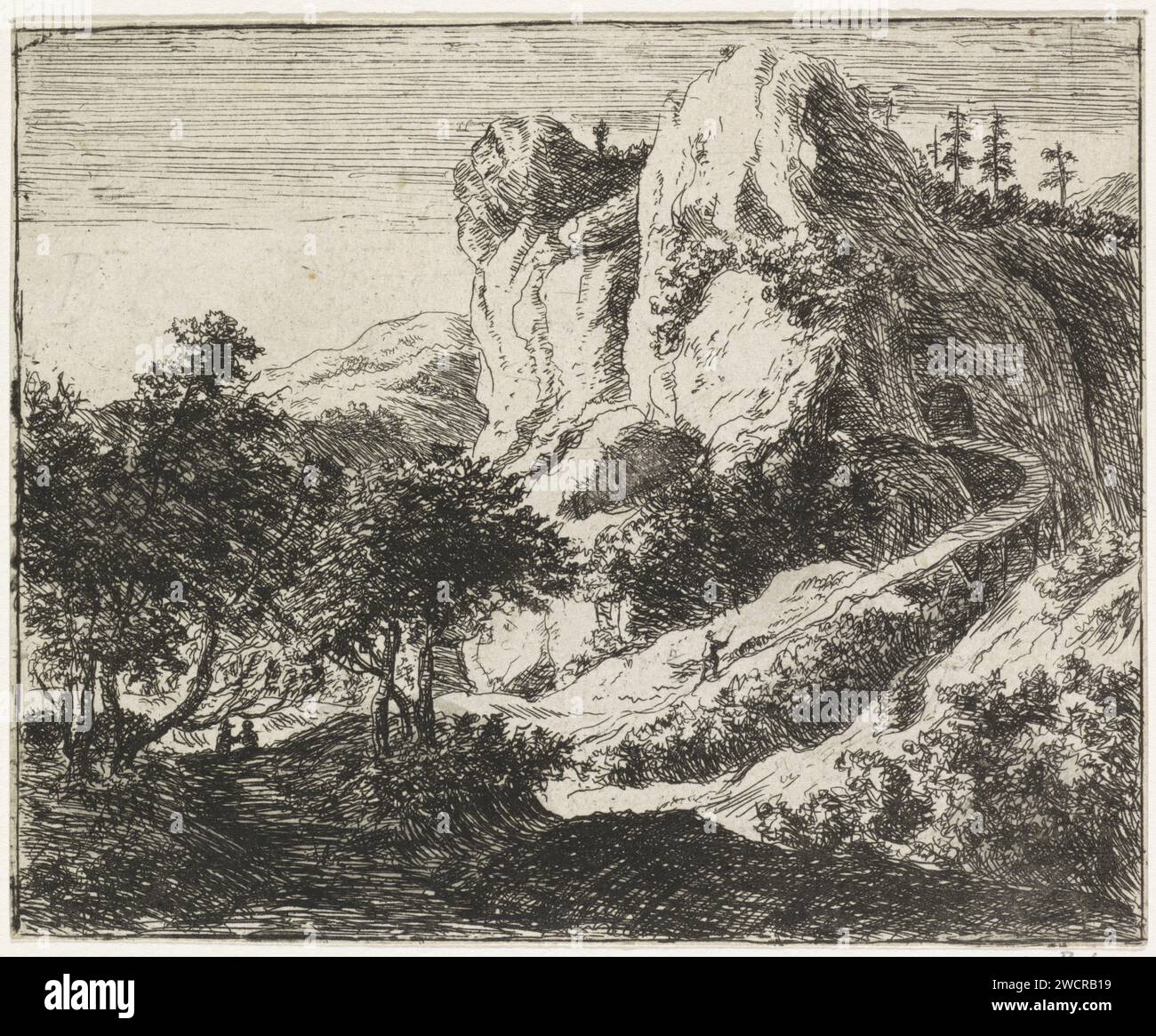 Ponte di legno ad una festa di roccia, Jan Soukens (attribuito a), dopo Anthonie Waterloo, 1678 - 1725 stampa sulla destra un pastore cammina con il suo gregge in direzione di un ponte di legno che porta parzialmente attraverso una festa di roccia. Davanti a sinistra due figure sotto gli alberi. Tipografia: Zaltbommel (possibilmente)dopo la stampa di: Amsterdam (possibilmente) ponte di incisione della carta. rocce. pastori, pastori, pastori, pastori, pastori, cowhere, ecc.. Foto Stock