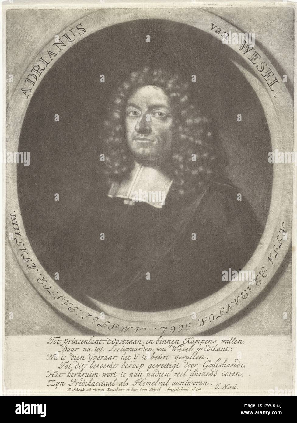 Ritratto di Adriaan Wesel, Pieter Schenk (i), 1690 stampa Adriaan Wesel all'età di 36 anni. Fu ministro in varie città, tra cui Amsterdam. Parrucca per incisione in carta Amsterdam Foto Stock