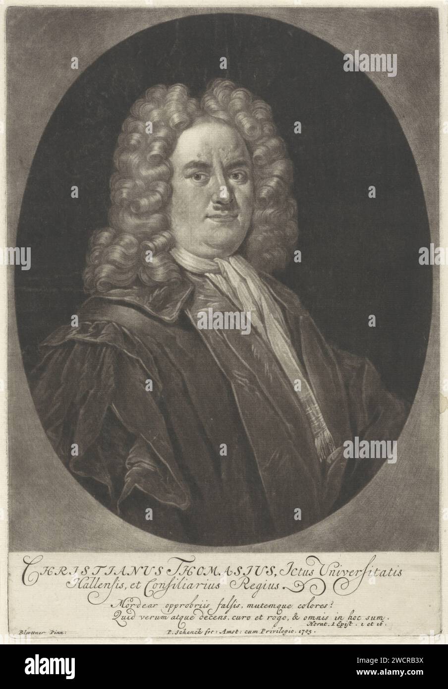 Ritratto di Christian Thomas, professore di Halle, Pieter Schenk (i), dopo Samuel Blättner (i), 1705 stampa Amsterdam paper incisione parrucca Foto Stock