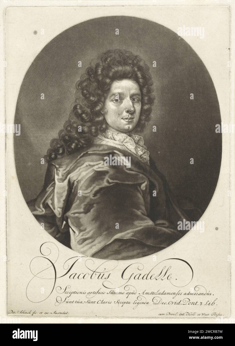 Ritratto del Calligrafo Jacob Gadelle, Pieter Schenk (i), 1670 - 1713 stampa Amsterdam paper incisione calligrafia (+ ritratto di studioso, scienziato). parrucca Foto Stock