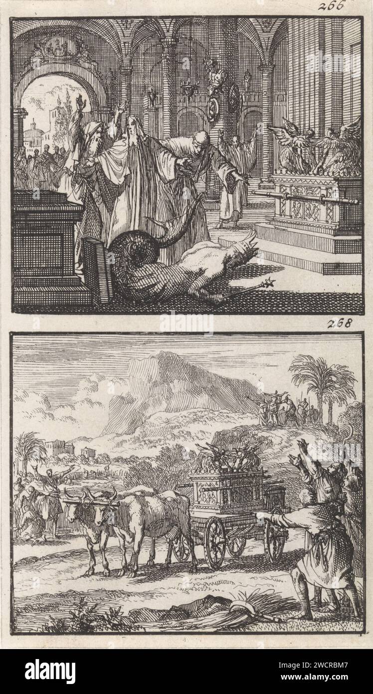 Arca dell'alleanza nel tempio di Dagon / ritorno dell'Arca dei Verbond, Jan Luyken, 1698 stampa due rappresentazioni di un piatto. Numerato in alto a destra: 266 e 268. La carta di Amsterdam che incide la statua di Dagon ad Ashdod cade. L'Arca dell'Alleanza tornò in Israele Foto Stock