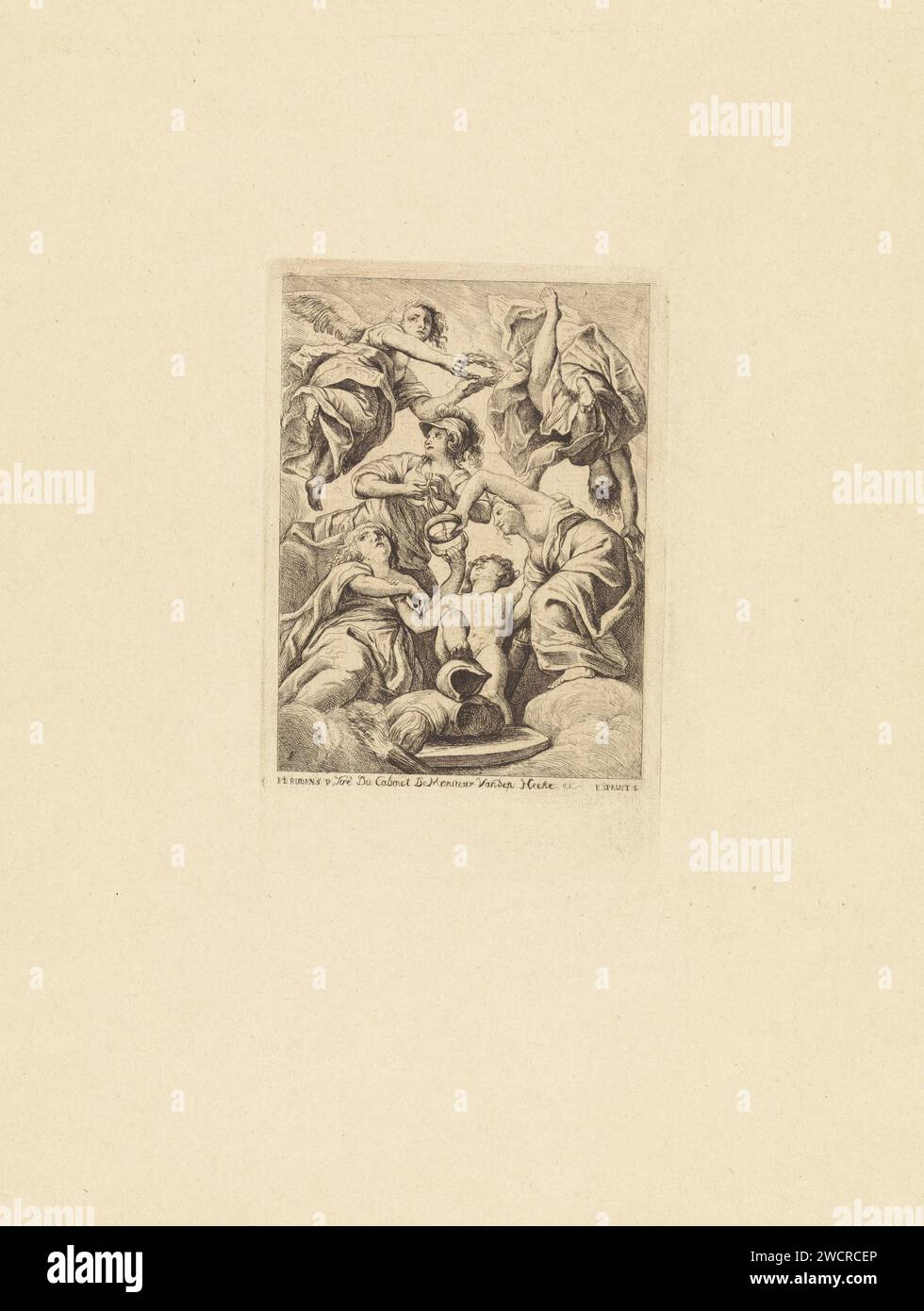 Associazione di De Kronen van England and Scotland, Philippe Lambert Joseph Spruyt, dopo Peter Paul Rubens, 1747 - 1801 stampa rappresentazione allegorica sul governo di Giacomo i, re d'Inghilterra. Minerva collega le corone, sotto forma di anelli, delle personificazioni di Inghilterra e Scozia. Queste due personificazioni femminili affiancano un bambino che è su un'armatura. Questo bambino simboleggia il nuovo regno e il futuro governo di Carlo I.. Incisione di carta di Gand (storia di) Minerva (Pallas, Atena). incoronare il vincitore con laurel Foto Stock