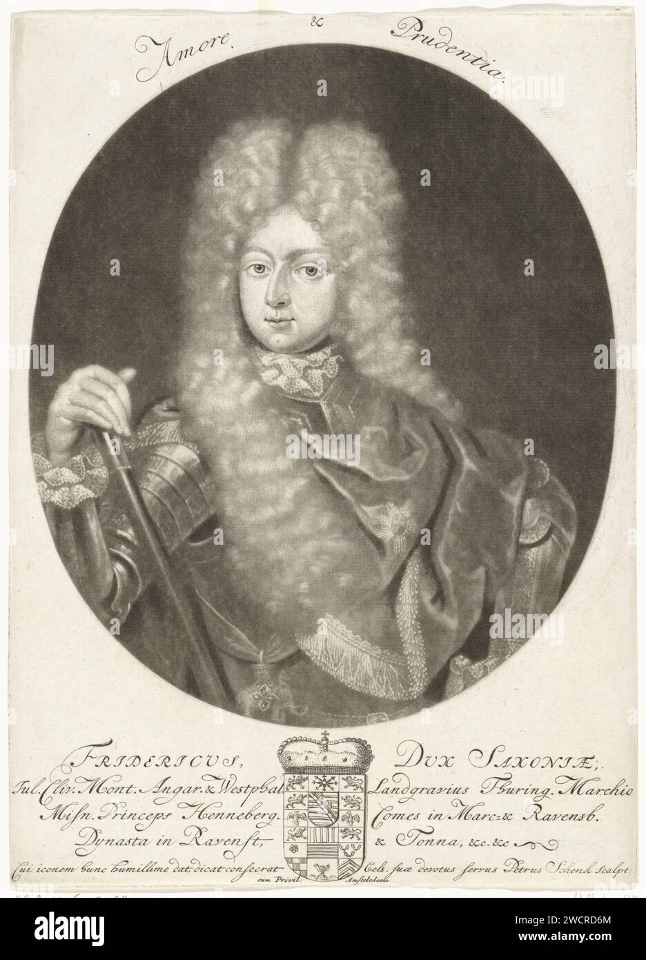 Ritratto di Federico II, Duca di Sassonia-Gotha-Altenburg, Pieter Schenk (i), 1670-1713 stampa Amsterdam carta incisione parrucca. cuscinetto araldico. armatura Foto Stock