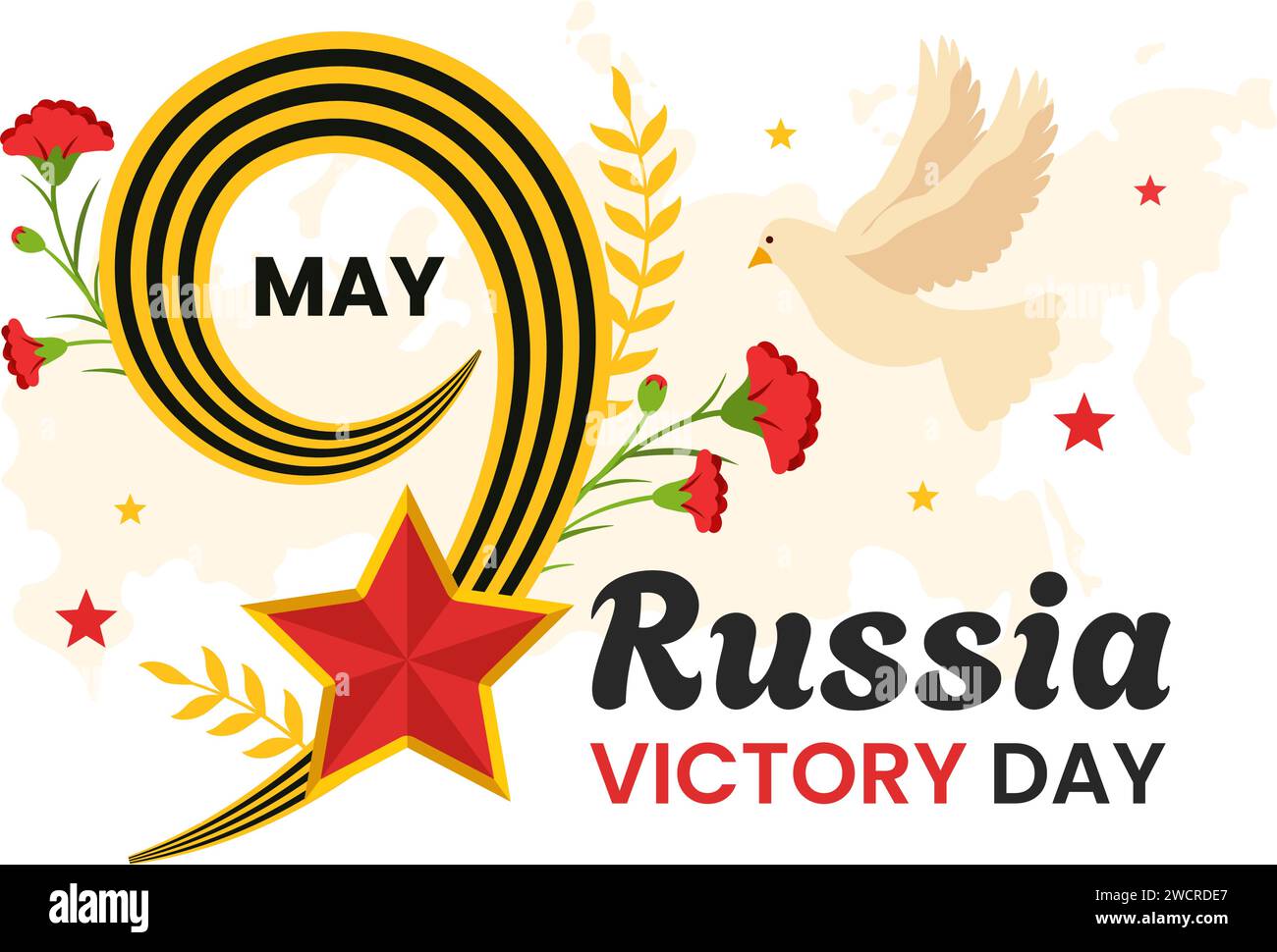 Illustrazione vettoriale del giorno della Vittoria della Russia il 9 maggio con la Stella della medaglia dell'eroe, la grande Guerra Patriottica e il nastro giallo nero su sfondo piatto Illustrazione Vettoriale