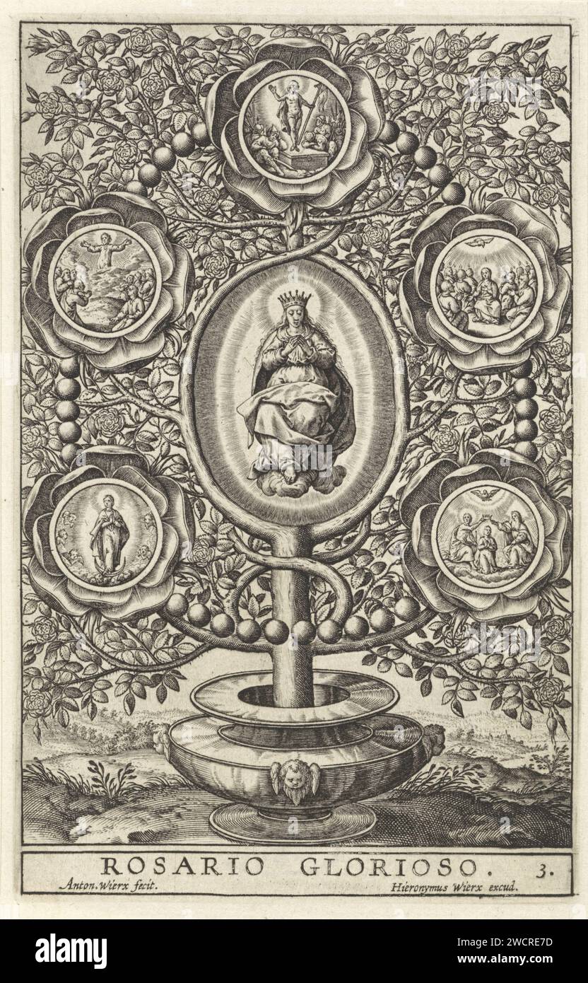 Cinque gloriosi misteri, Antonie Wierix (II), 1605 - 1619 stampa albero di rosa con la Maria incoronata al centro. C'è un rosario sull'albero con cinque medaglioni in cui è raffigurato un mistero. In cima alla risurrezione, e poi da sinistra a destra, l'Ascensione, l'effusione dello Spirito Santo con la Pentecoste, la sorgente di Maria e l'Incoronazione di Maria. Carta di Anversa che incide i (quindici) segreti del rosario. Mary intronizzò. Cristo in piedi sopra o vicino alla tomba  eventi dopo la Resurrezione. Cristo occupato da una nuvola  Ascensione. Pentecoste: Lo Spirito Santo scende (Mar Foto Stock