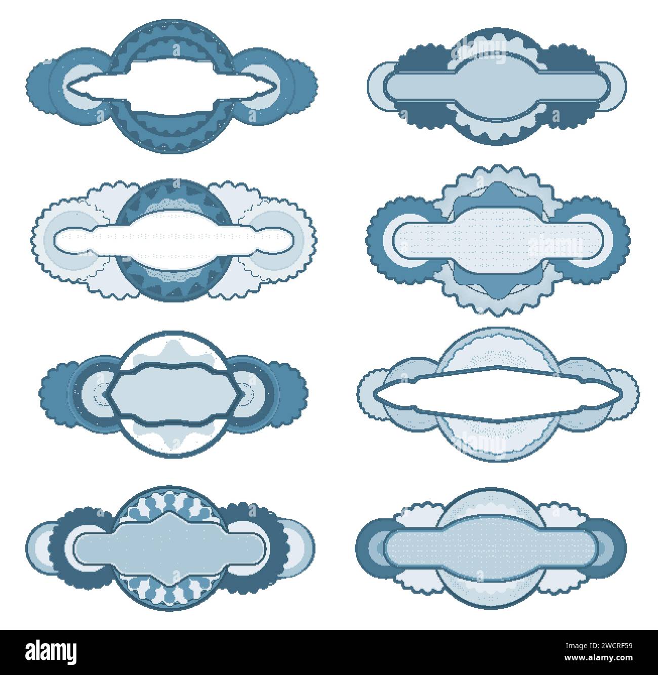 Rosette con motivo a guilloche, righe di contorno o sigilli per filigrana. Elementi vettoriali di voucher, certificato, banconote, diploma o passaporto con intricati ornamenti guilloche, decorazione dei documenti Illustrazione Vettoriale