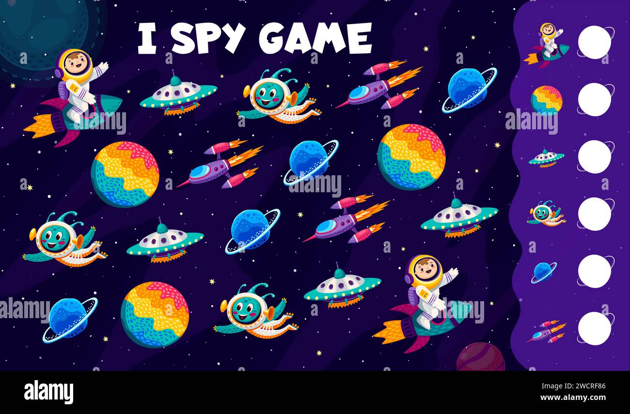 Gioco di spie. Cartone animato UFO e alieni, astronauti, razzi e pianeti nel foglio di lavoro del puzzle del quiz vettoriale del paesaggio spaziale della galassia. Trova e conta pianeti, astronavi, astronauti spaziali e personaggi marziani Illustrazione Vettoriale