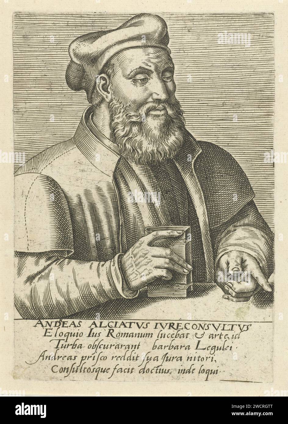 Portret van Andrew Alciati Anonimo, Philips, 1567 - 1650 stampa Ritratto di Andrea Alciati, autore del primo libro di emblemi ufficiale. Busto a destra. La stampa ha una didascalia latina e fa parte di una serie di famosi studiosi europei. Tipografia: Insaputa stampa di: AntwerpAntwerppublisher: Incisione su carta di Anversa Foto Stock