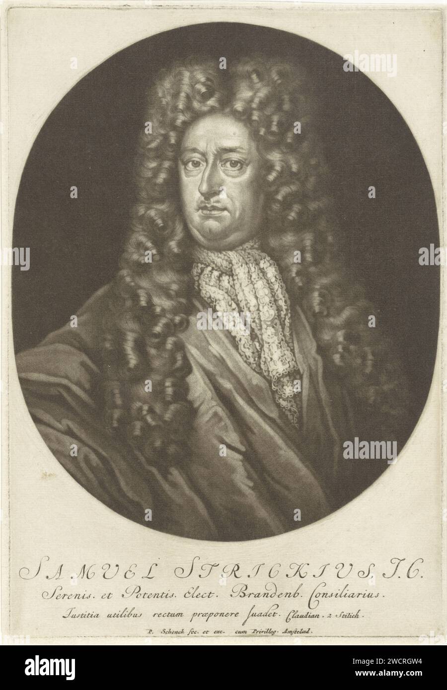 Ritratto di Samuel Stryk, Pieter Schenk (i), 1670 - 1713 stampa l'avvocato tedesco Samuel Stryk. Indossa una parrucca. Parrucca per incisione in carta Amsterdam Foto Stock
