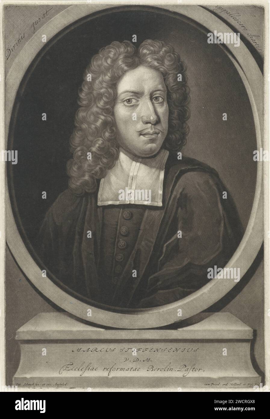 Ritratto del teologo Markus Steffensen, Pieter Schenk (i), dopo P. Krantz, 1700 stampa Amsterdam paper Engraving Theologian Foto Stock