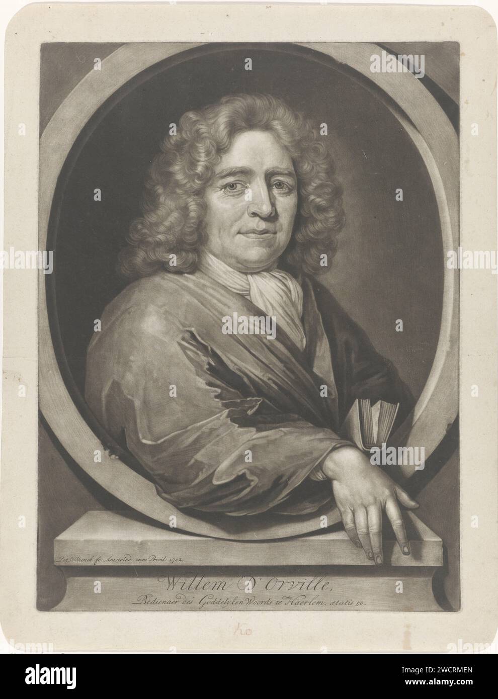 Ritratto del pastore e poeta Willem d'Orville, Pieter Schenk (i), 1702 stampa Amsterdam paper Engraving book Foto Stock