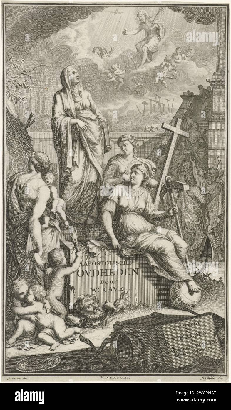 Fede, speranza e amore, Joseph Mulder, dopo Jan Goeree, 1698 stampa le tre virtù divine, con croce, speranza, con ancora, e amore, con un bambino sul braccio e un bambino per mano, sii nella personificazione della storia cristiana. Guarda Cristo sulle nuvole con un libro sotto il braccio. Sullo sfondo ci sono uomini, probabilmente apostoli e padri della chiesa. Carta di Utrecht incisione / incisione delle tre virtù teologiche. Cristo da adulto. "Historia"; "Historia" (Ripa) (+ variante) Foto Stock