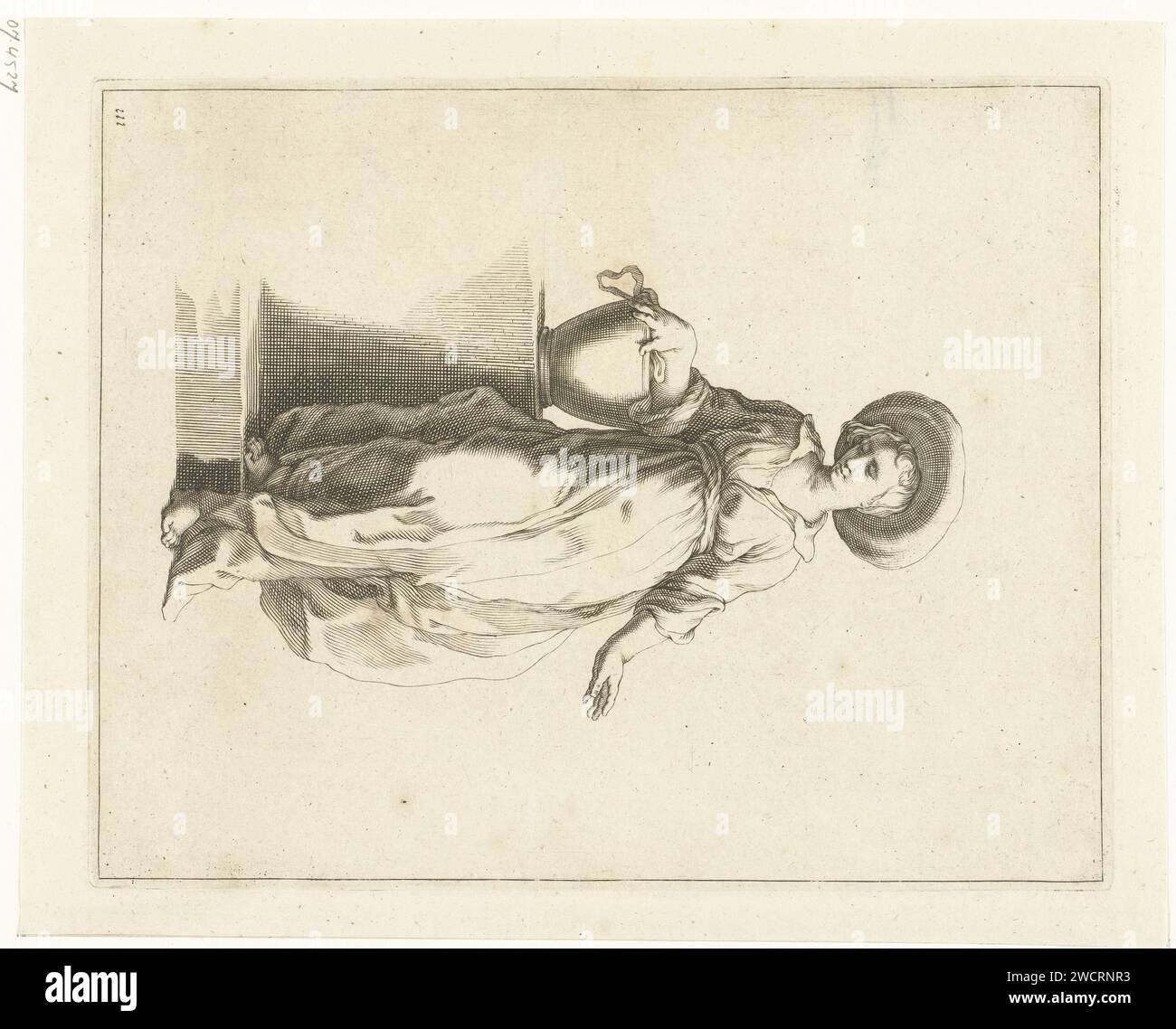 Donna con secchio (The Samaritan Woman?), Frederick Bloemaert, dopo Abraham Bloemaert, c. 1650 - c. 1700 stampa Una donna si appoggia contro un muro basso. Il suo braccio destro poggia su un secchio. La stessa figura appare in un disegno di Cristo e la donna samaritana di Abraham Bloemaert. Utrecht incisione di carta donna adulta. La donna di Samaria (Giovanni 4:4-42) Foto Stock