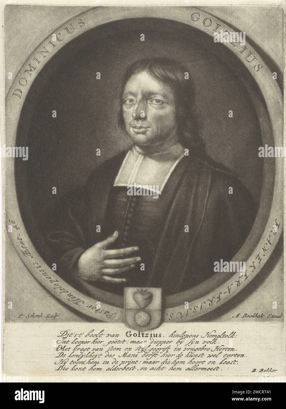 Ritratto dello scrittore e pastore Dominicus Goltzius, Pieter Schenk (i), 1670 - 1713 stampa Amsterdam cartaceo incisione araldica Foto Stock
