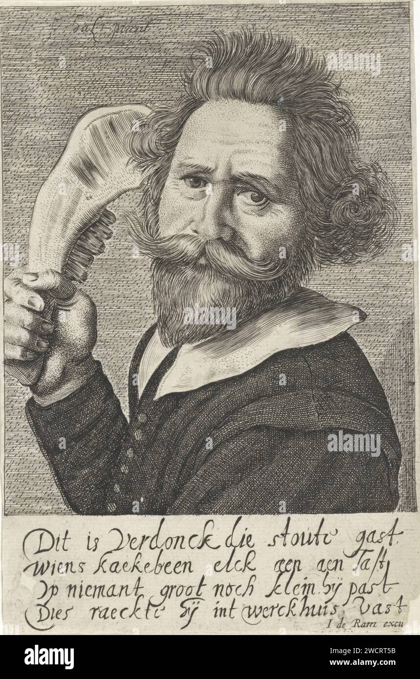 Ritratto di Verdonck, con mascella d'asino, Anonimo, dopo Jan van de Velde (II), dopo Frans Hals, 1668 - 1693 stampa Ritratto di un reggiseno selvatico sconosciuto con il nome Verdonck, con mascella d'asino nella mano sinistra. Con quattro righe di didascalia olandese, a cui si dice che sia finito in officina. L'incisione su carta dei paesi bassi con una mascella di asino Samson uccide mille Filistei (+ variante) Foto Stock