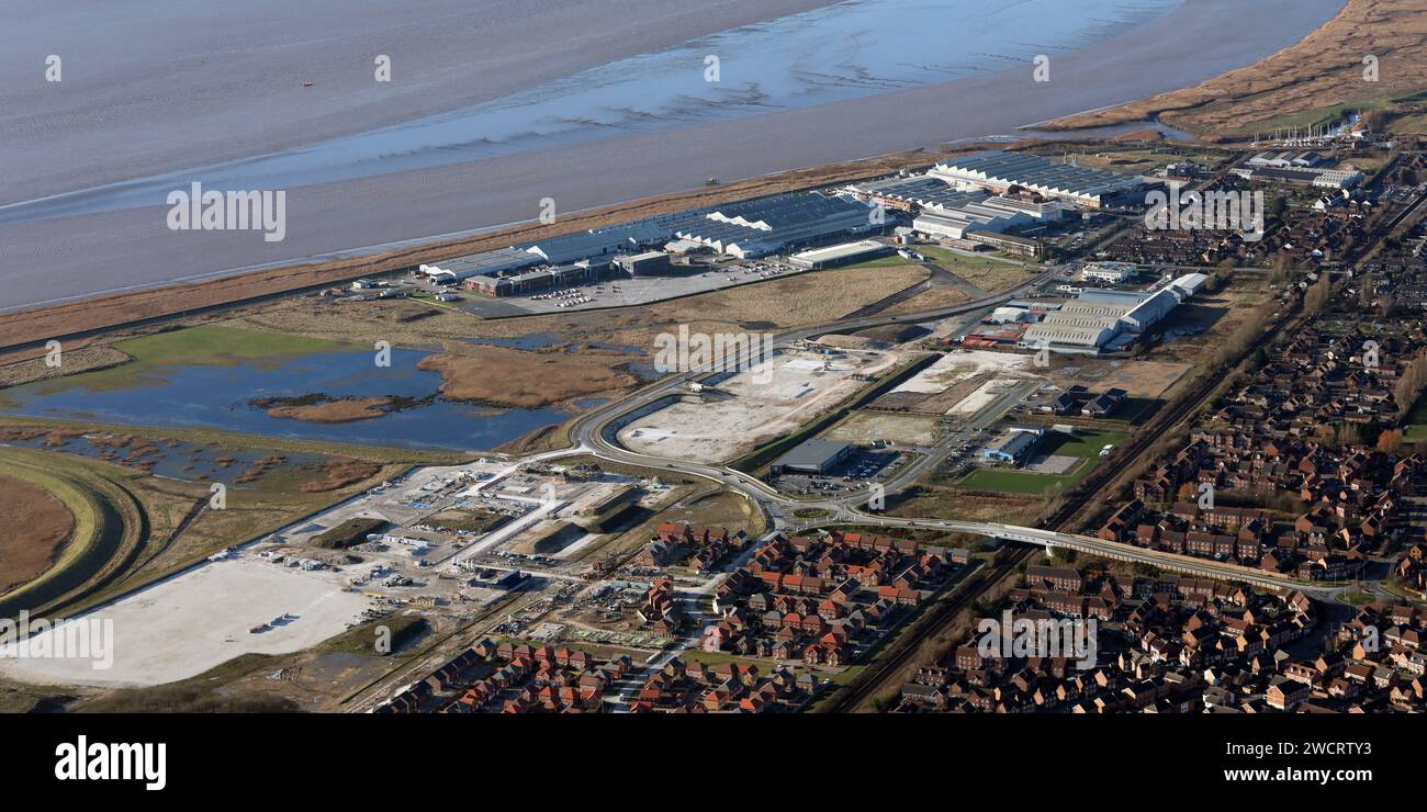 Vista aerea dell'Humber Enterprise Park, del Brough Business Centre e della Bluebird Way, Brough, East Yorkshire Foto Stock