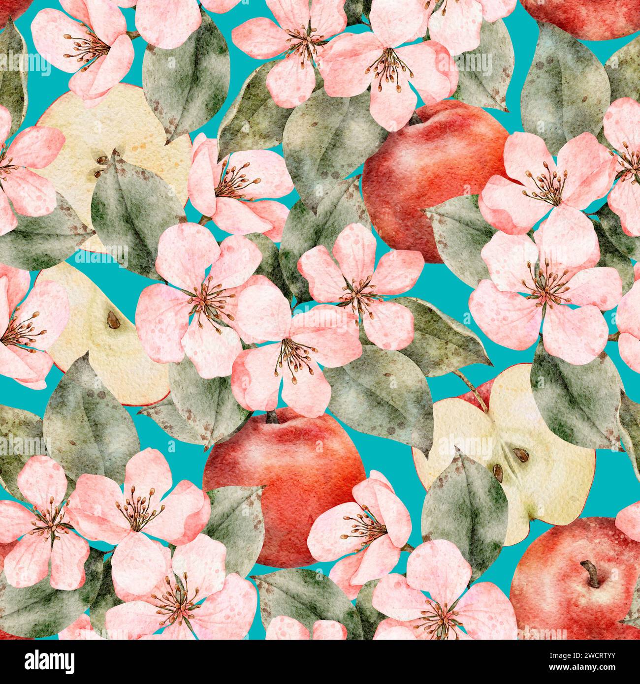 Modello senza cuciture con rami di mele e frutta in fiore. Sfondo ad acquerello floreale. Perfetto per modelli di design, carta da parati, involucro, tessuto Foto Stock