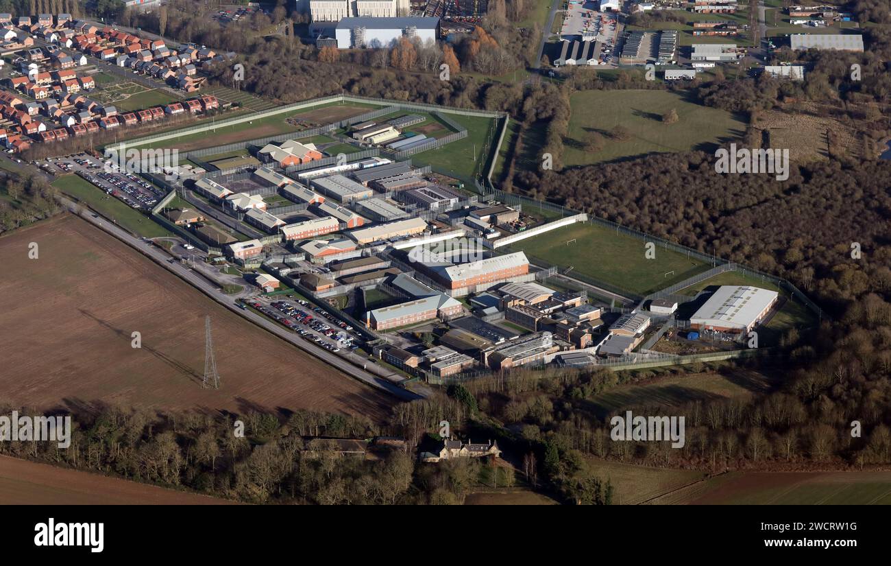 Vista aerea della prigione di Wealstun, Thorp Arch vicino a Wetherby, West Yorkshire Foto Stock