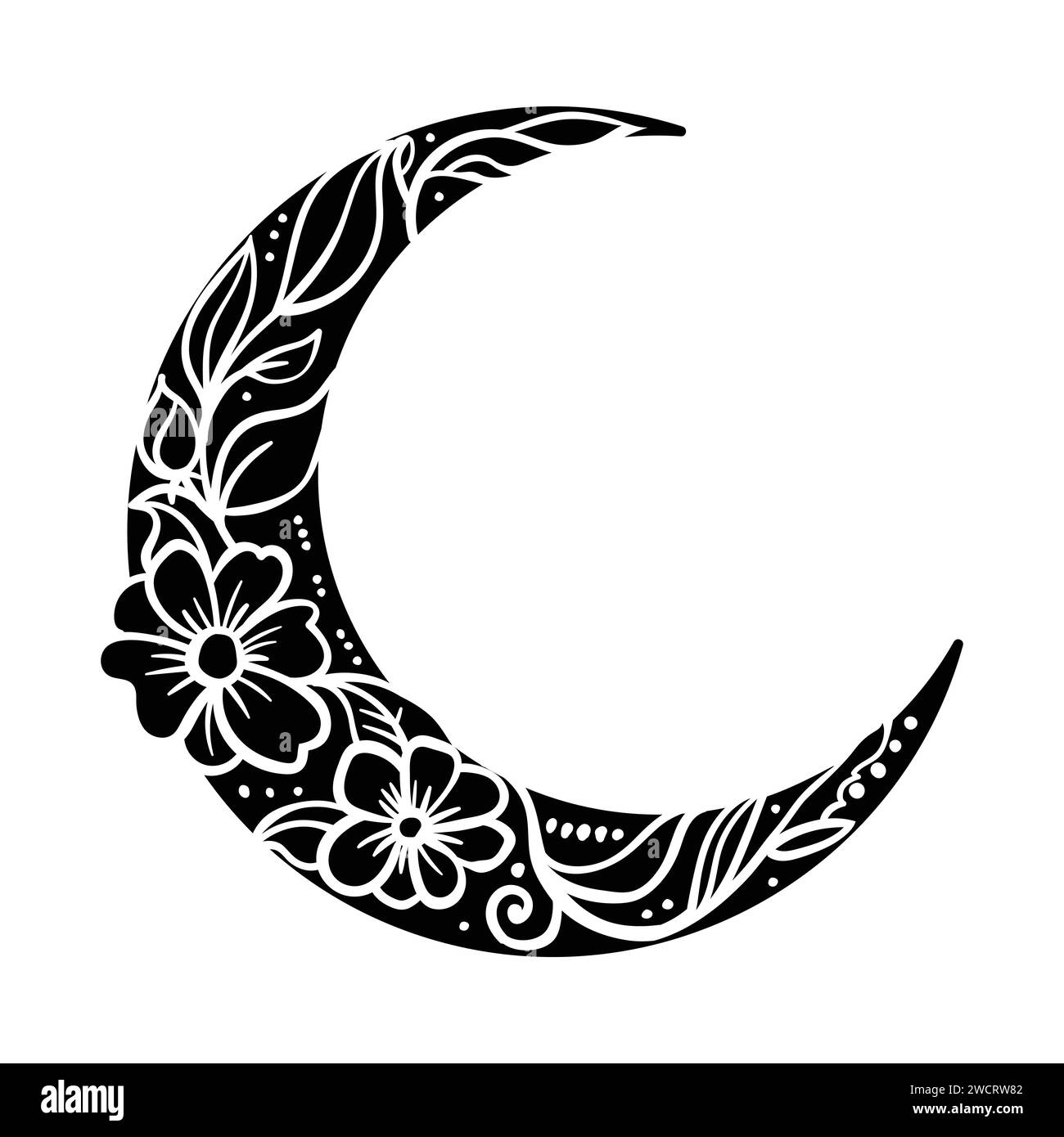 Luna crescente floreale vettoriale. Illustrazione decorativa in stile boho. Simbolo etnico disegnato a mano. Per Ramadan Kareem Concept. Illustrazione Vettoriale