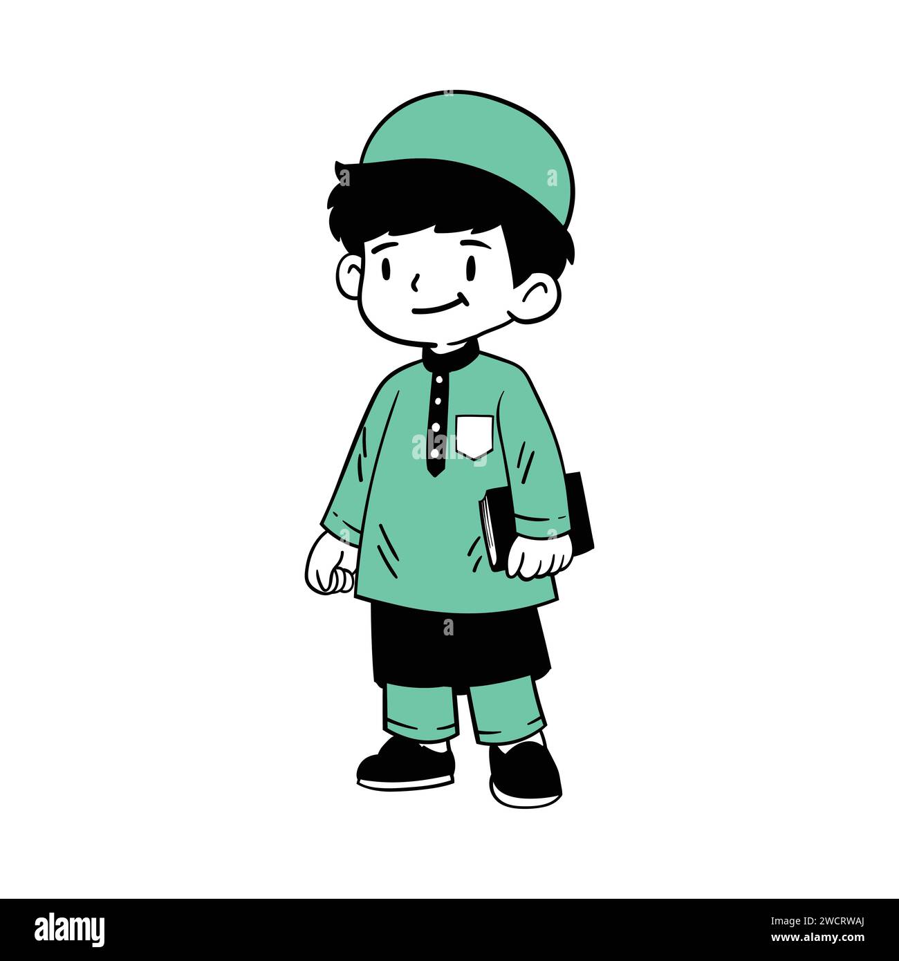 Line art vettore del tempo di preghiera nel ragazzo musulmano durante il Ramadan. Benedizioni del digiuno e della sua rottura dopo sera. Illustrazione vettoriale disegnata a mano Illustrazione Vettoriale